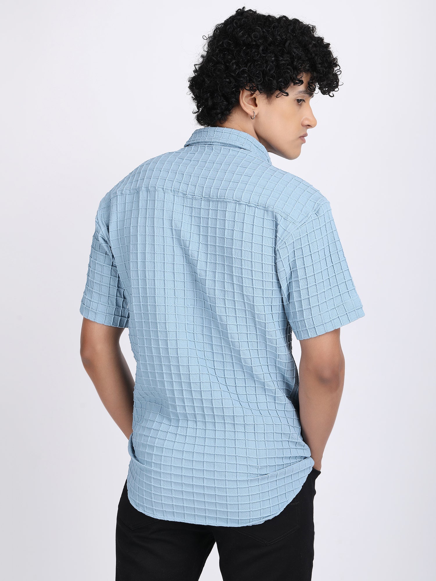 Light Sky Blue Popcorn Texture Half Sleeves Shirt