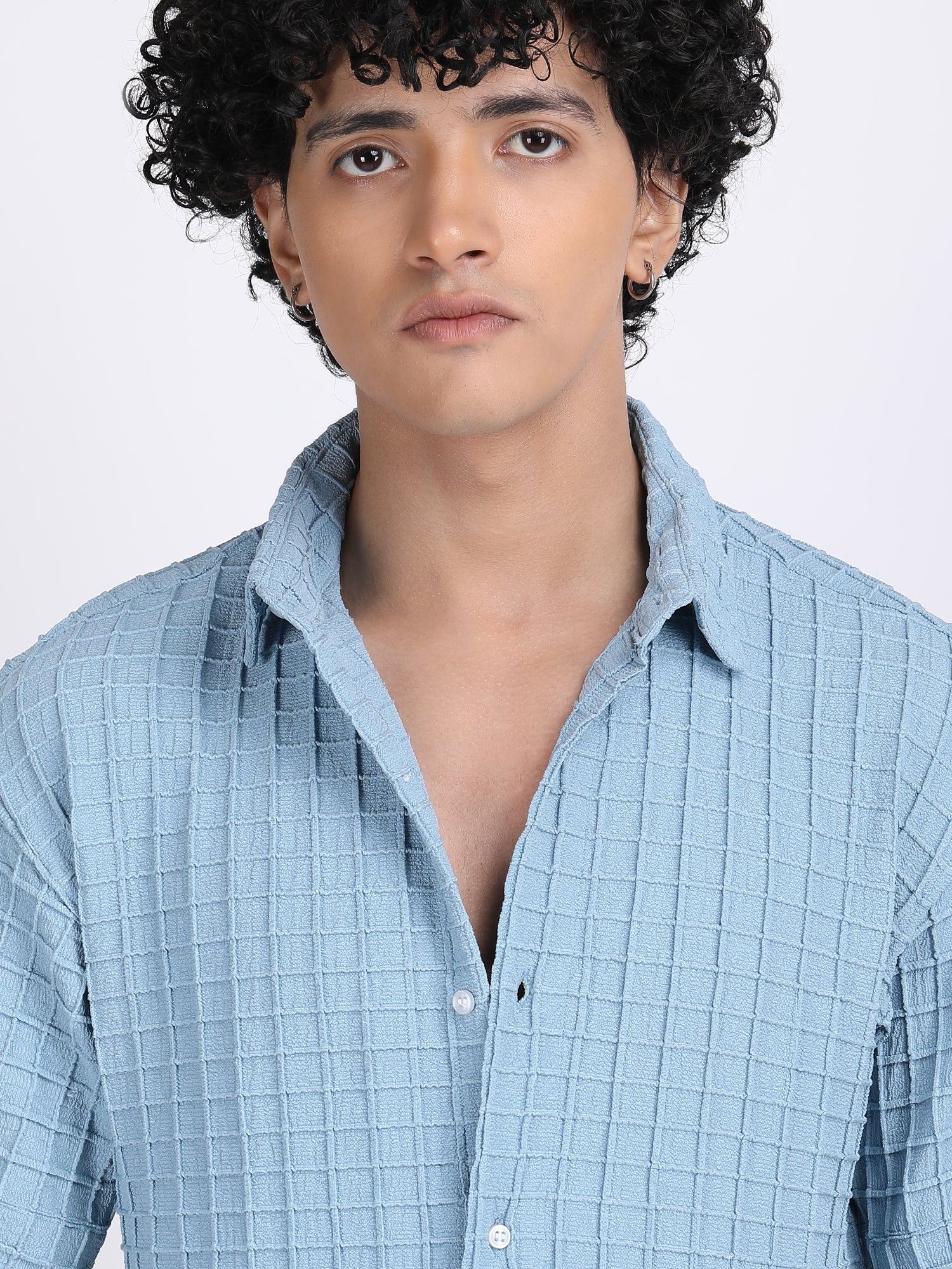 Light Sky Blue Popcorn Texture Half Sleeves Shirt