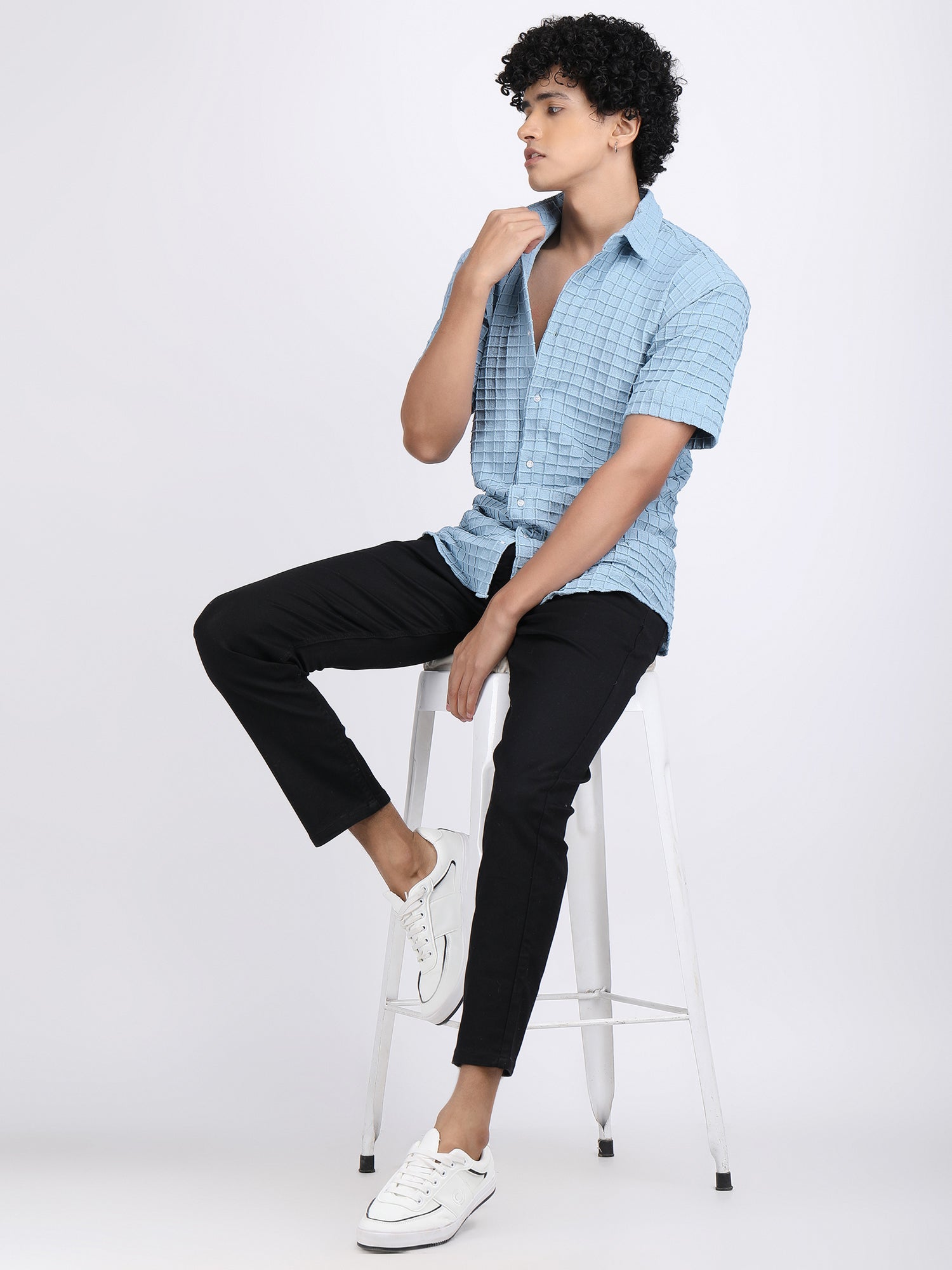 Light Sky Blue Popcorn Texture Half Sleeves Shirt