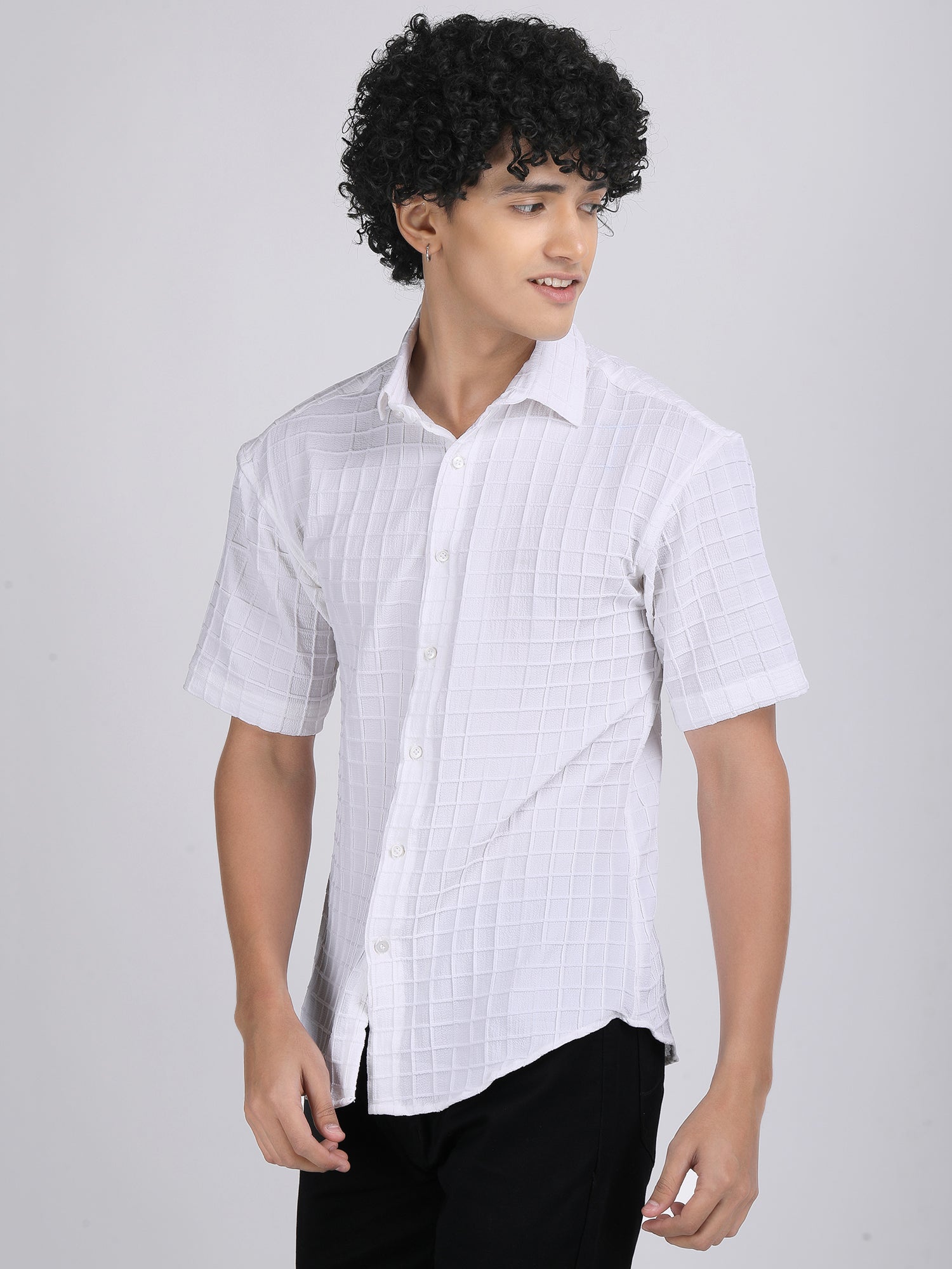 White Popcorn Texture Half Sleeves Shirt