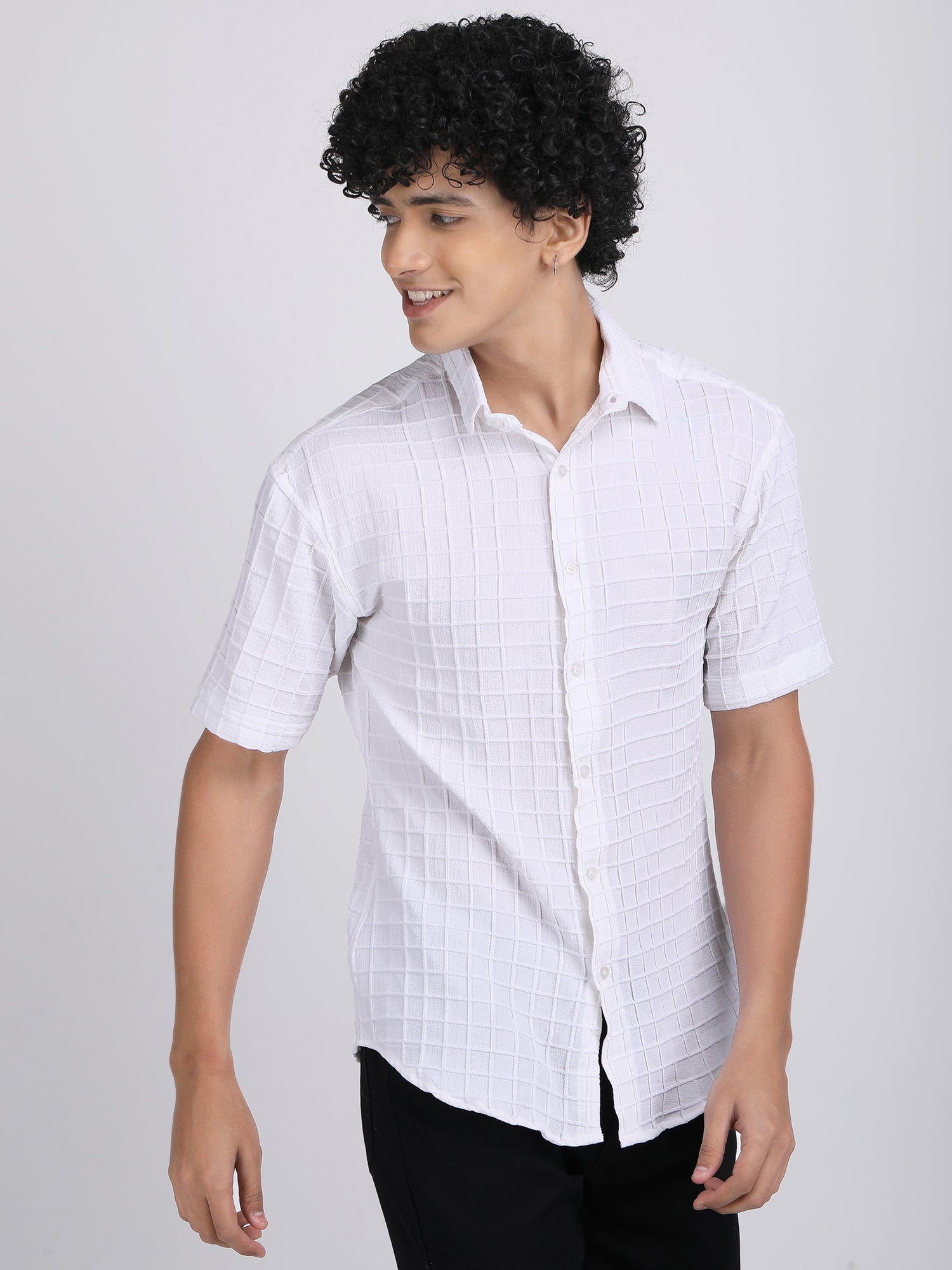 White Popcorn Texture Half Sleeves Shirt