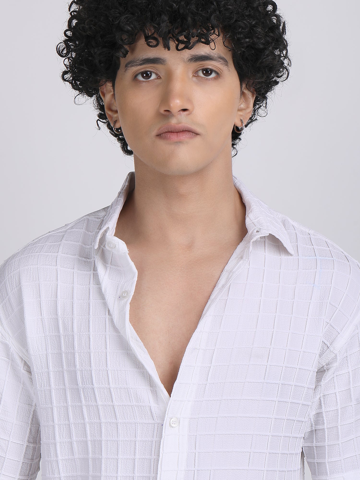 White Popcorn Texture Half Sleeves Shirt