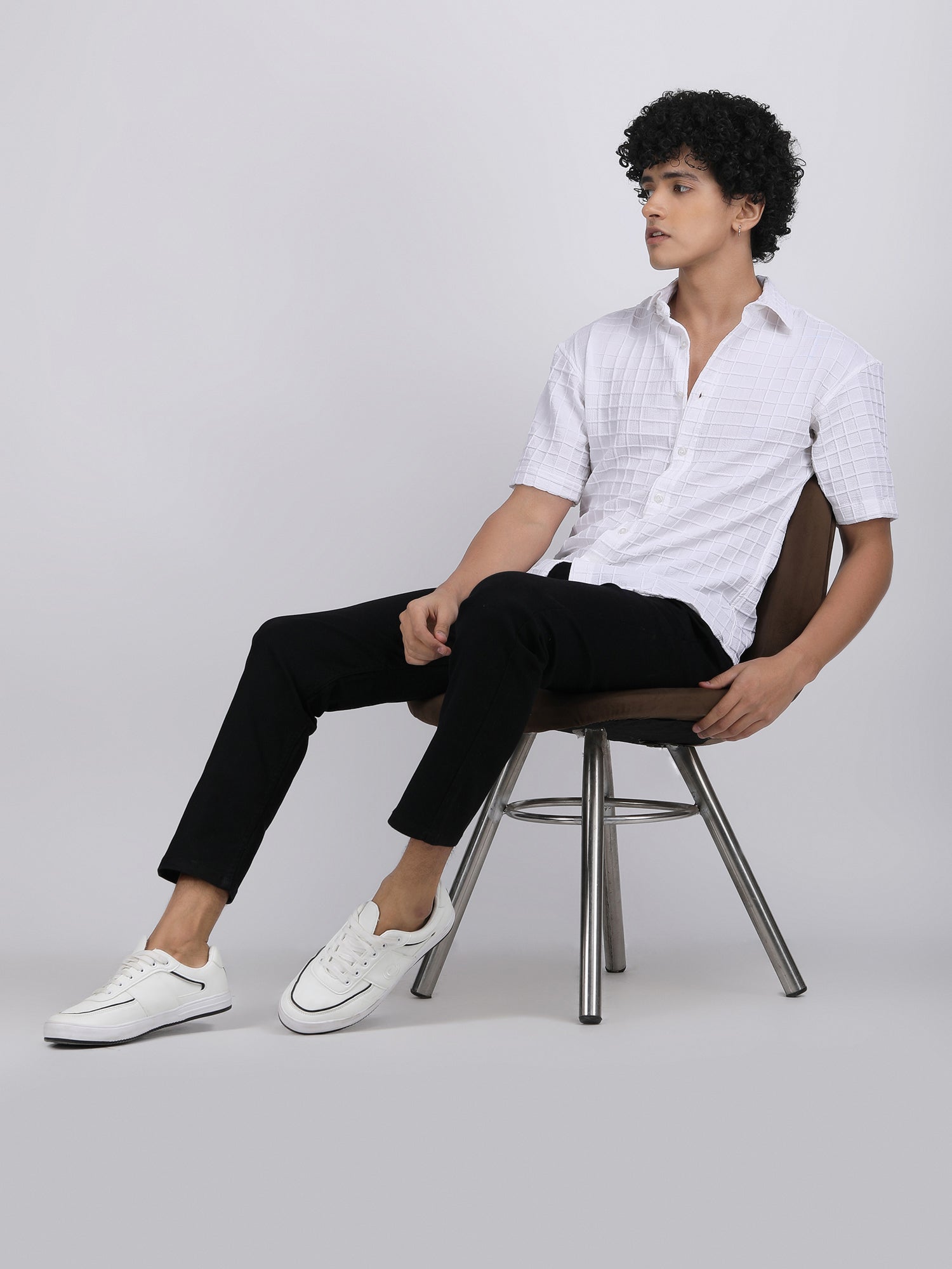 White Popcorn Texture Half Sleeves Shirt