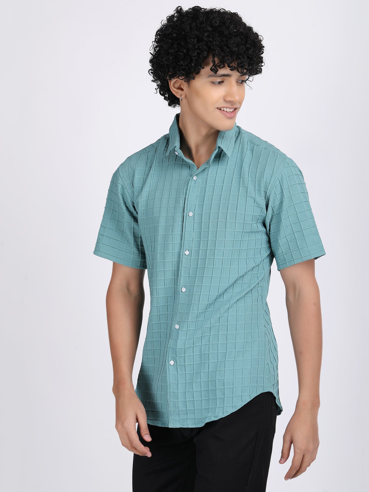 Sea Blue Popcorn Texture Half Sleeves Shirt
