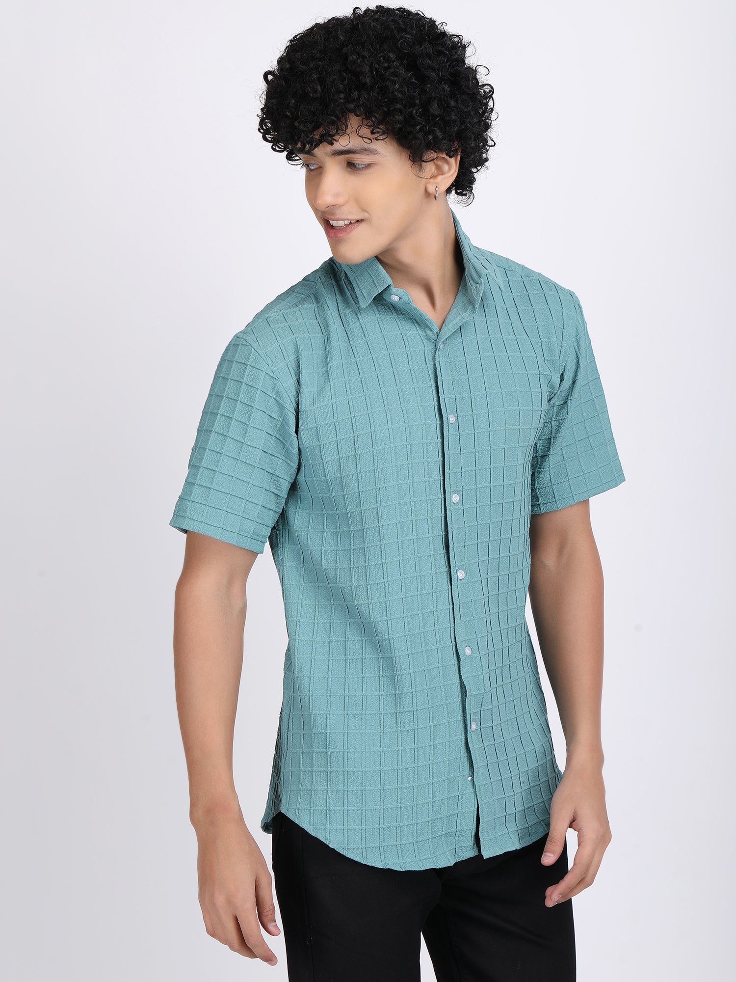 Sea Blue Popcorn Texture Half Sleeves Shirt