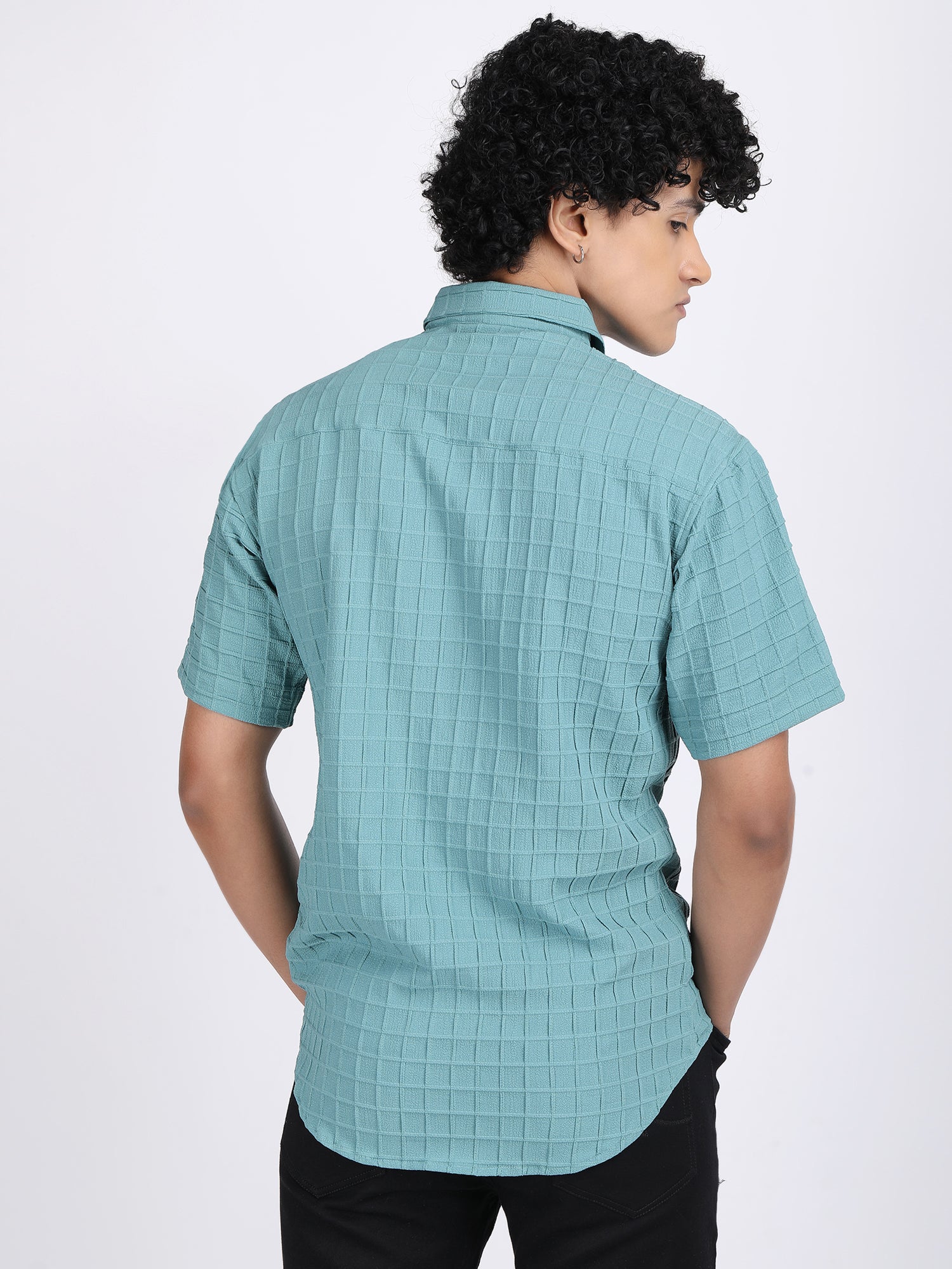 Sea Blue Popcorn Texture Half Sleeves Shirt