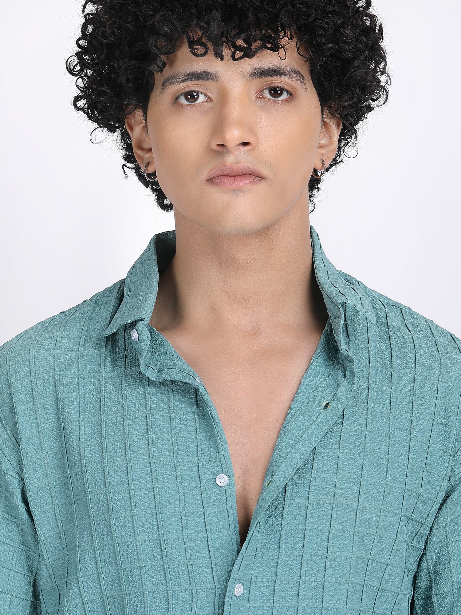 Sea Blue Popcorn Texture Half Sleeves Shirt