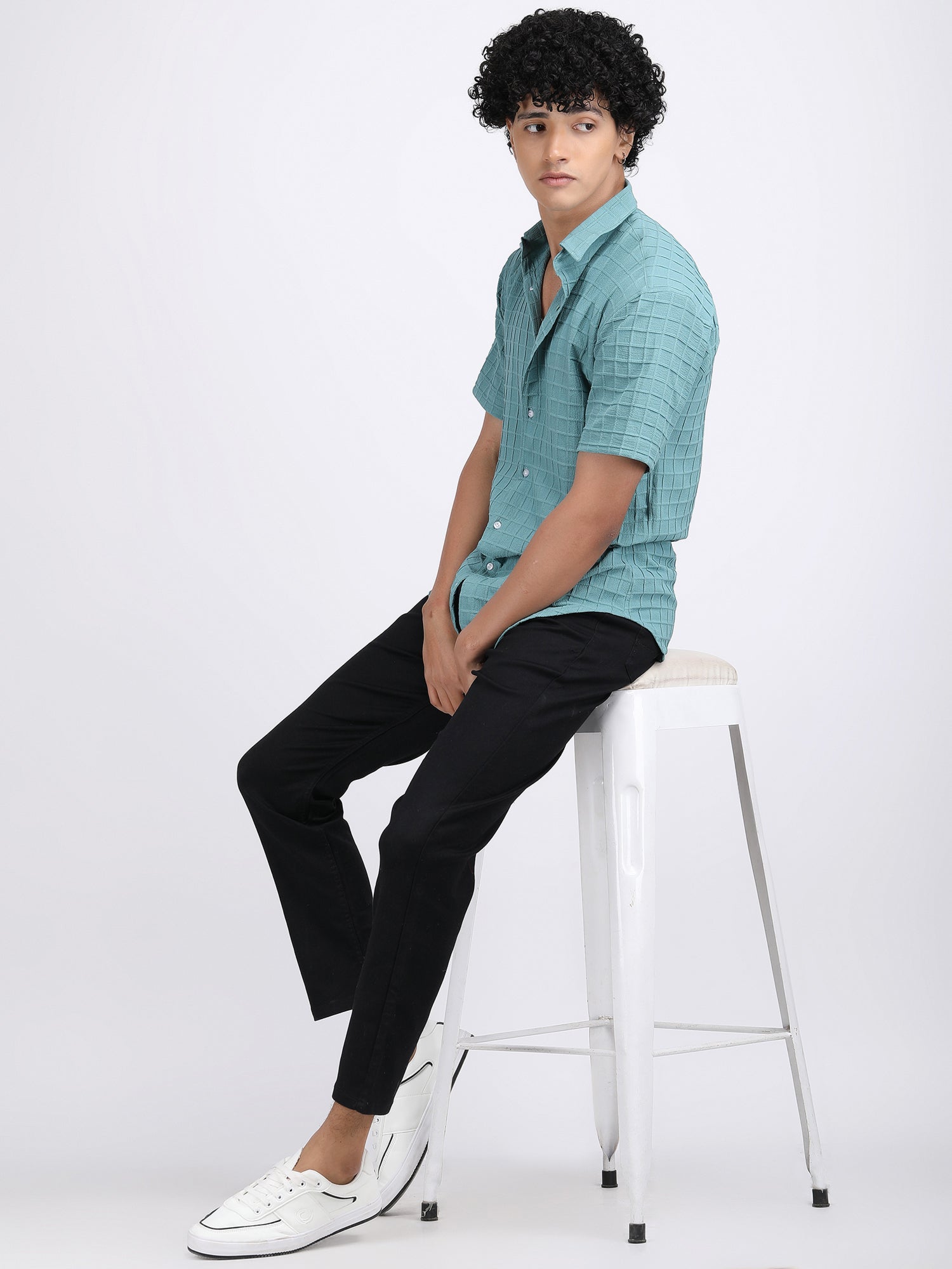 Sea Blue Popcorn Texture Half Sleeves Shirt