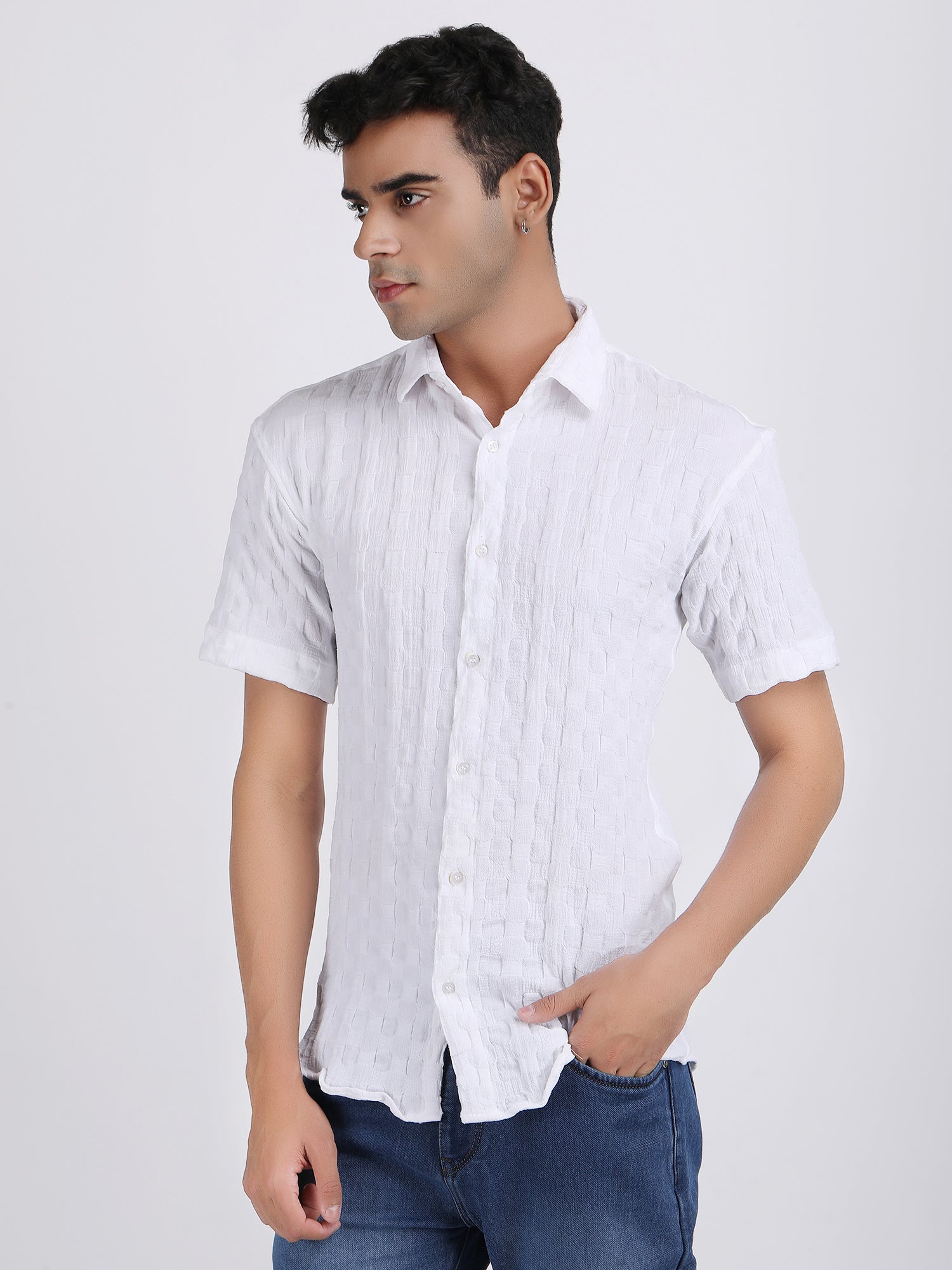 White Popcorn Texture Half Sleeves Shirt