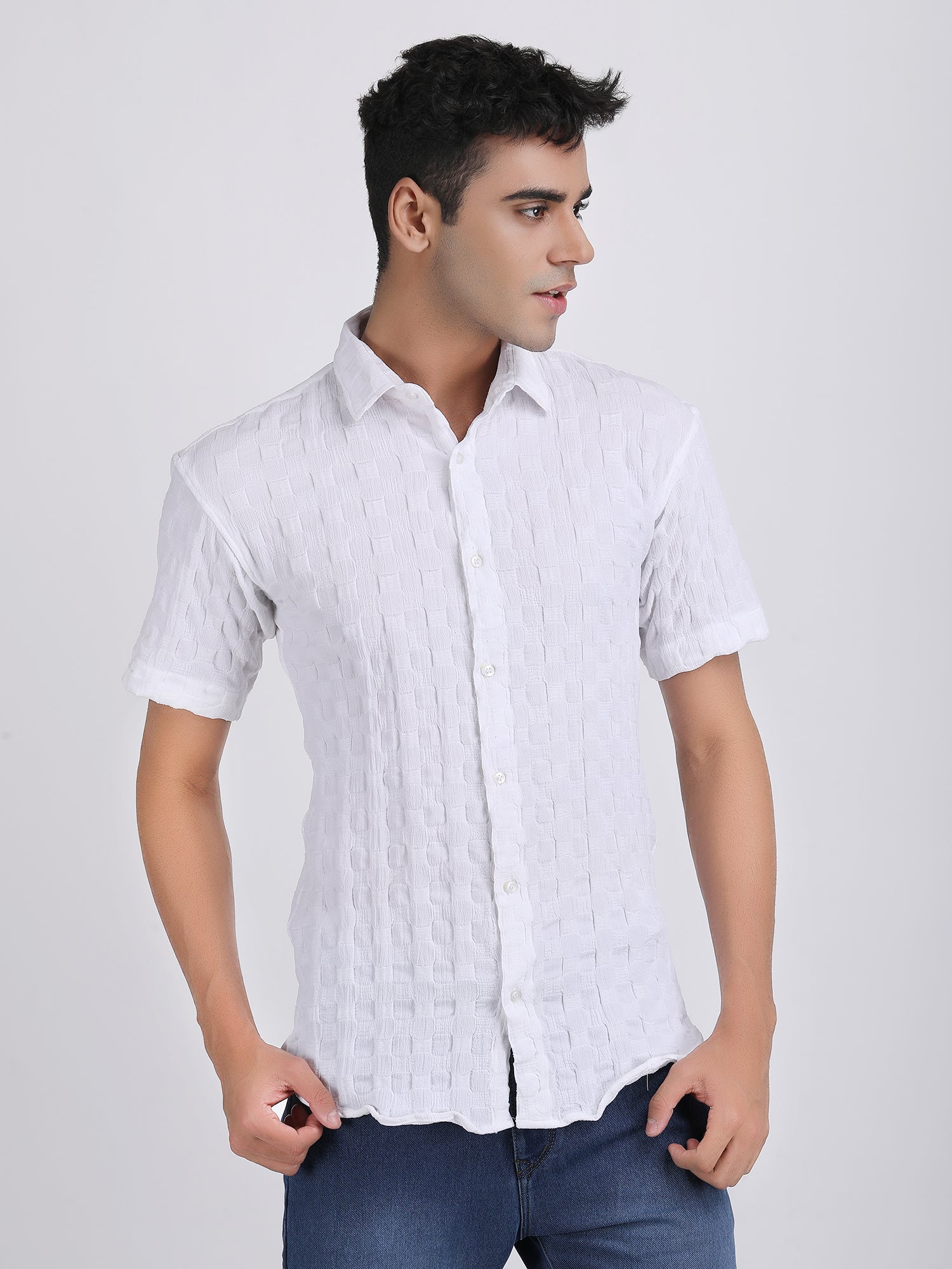 White Popcorn Texture Half Sleeves Shirt