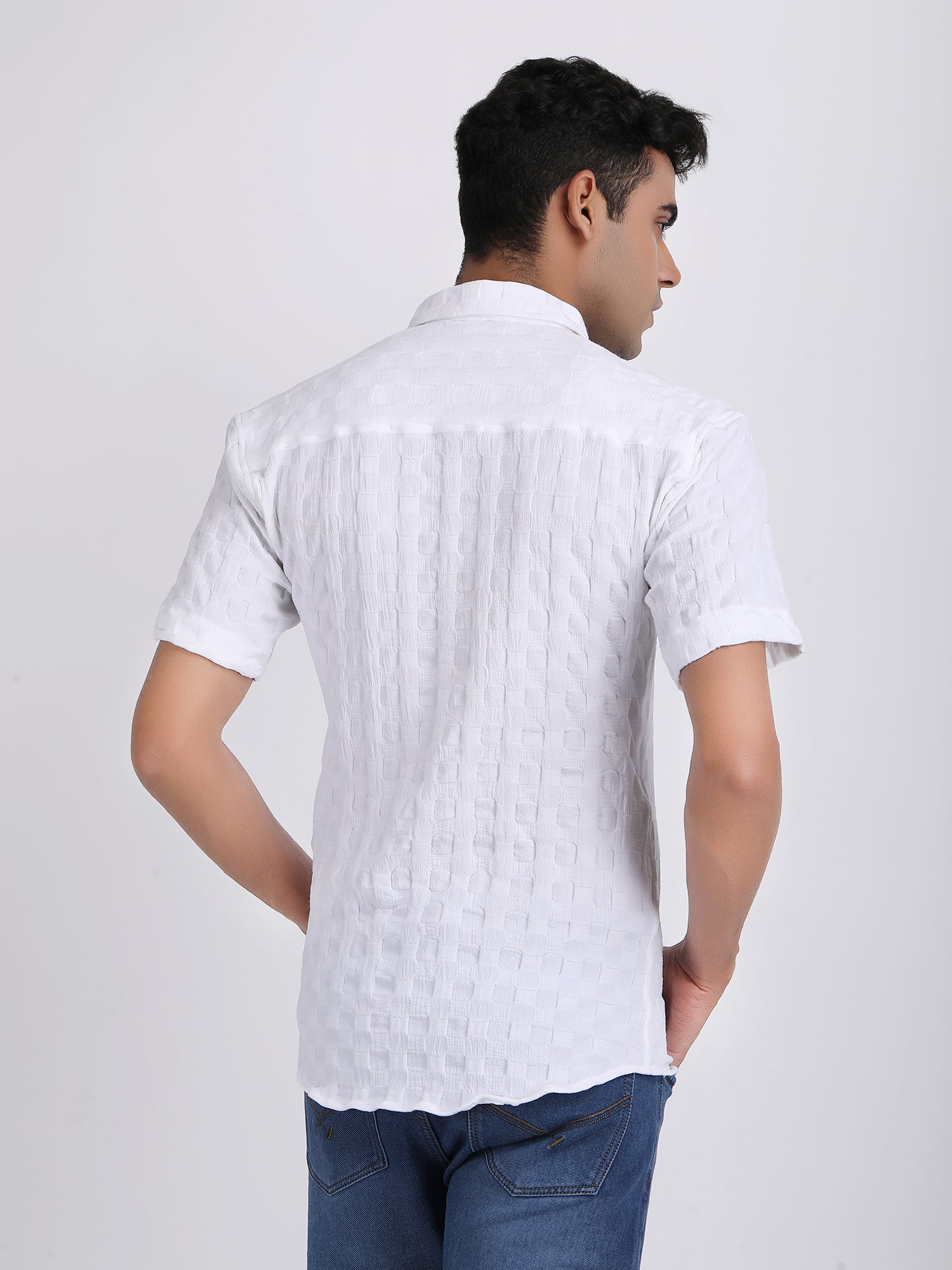 White Popcorn Texture Half Sleeves Shirt