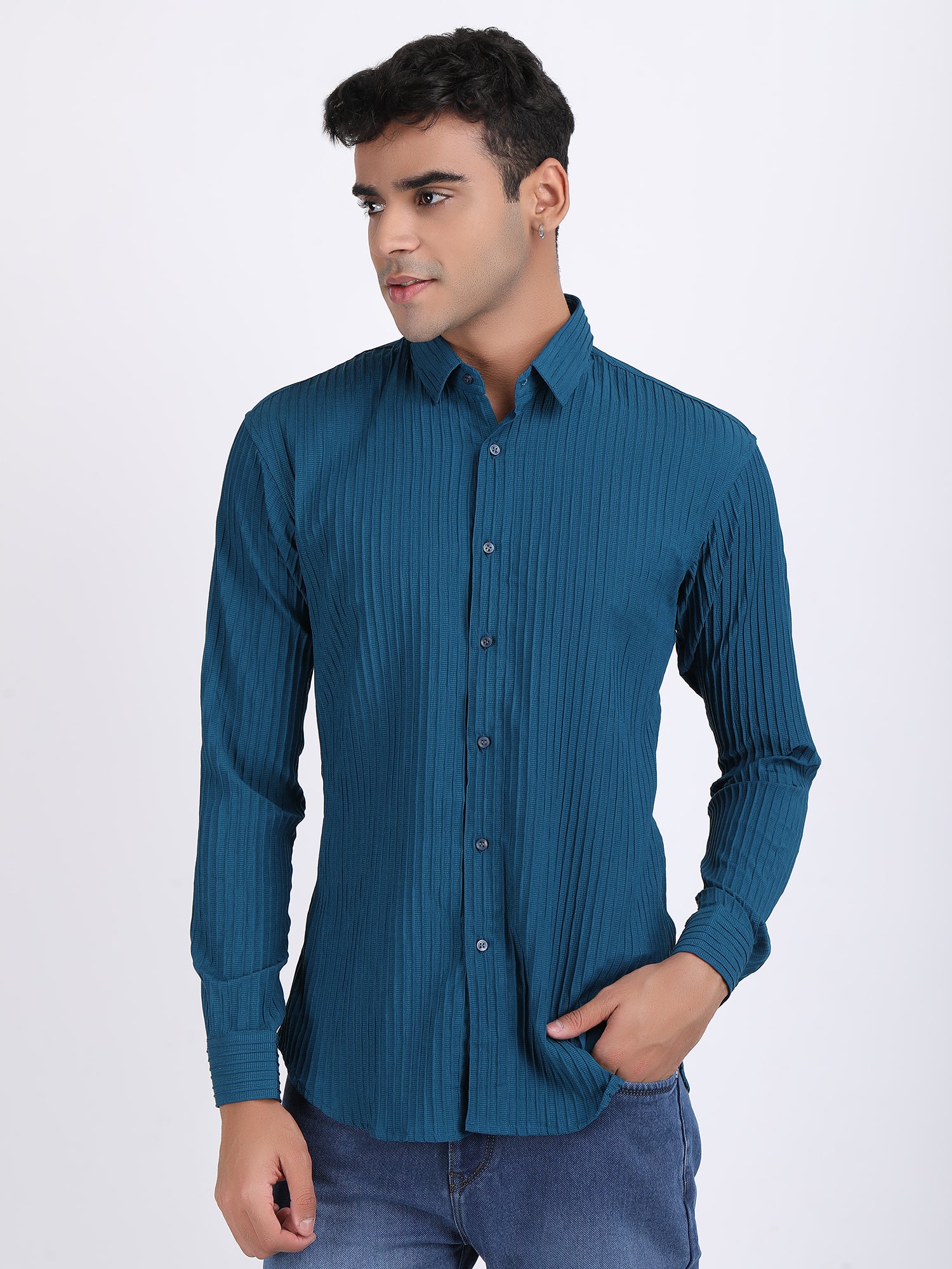 Dark Blue Popcorn Texture Full Sleeves Shirt