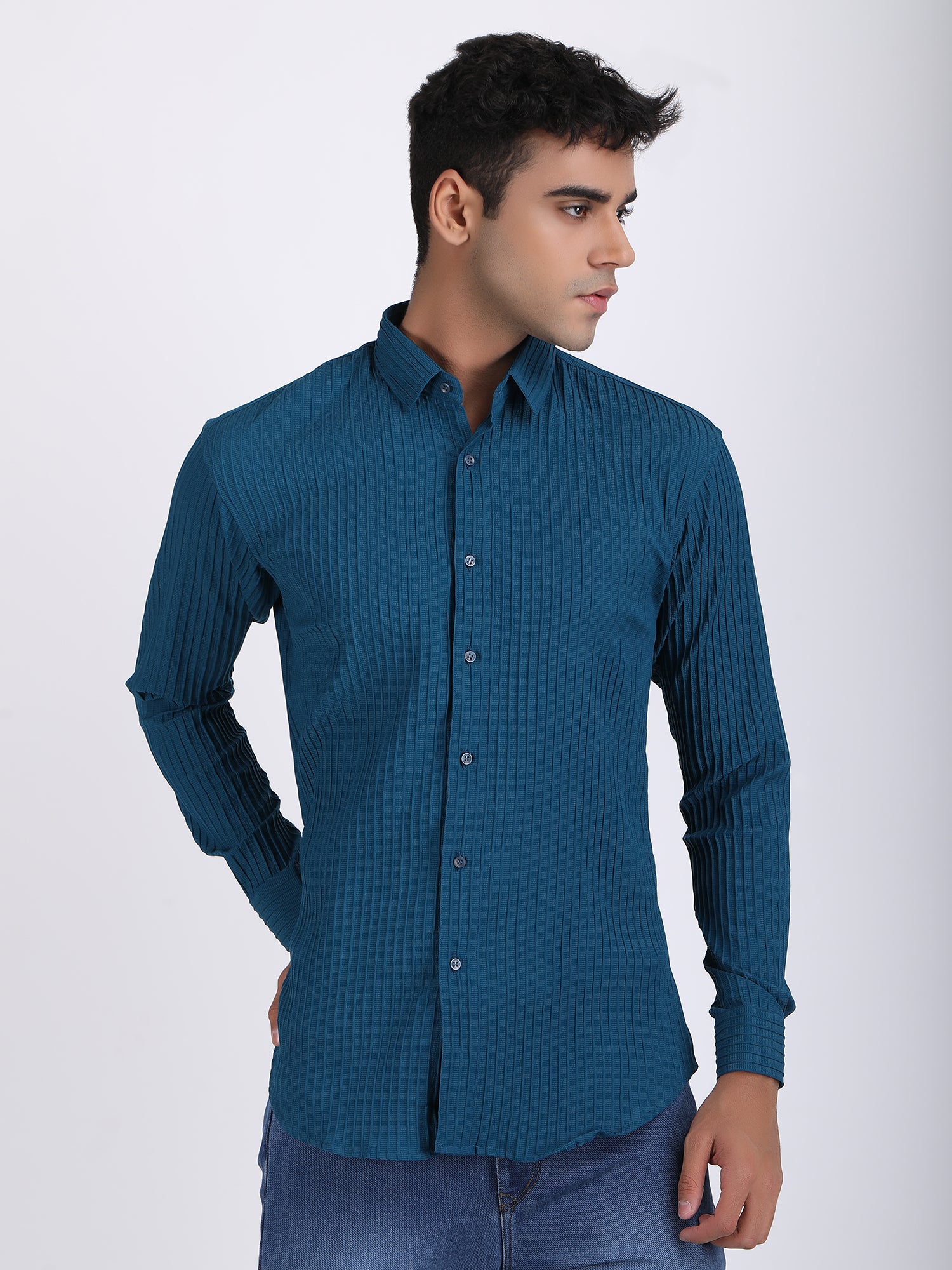 Dark Blue Popcorn Texture Full Sleeves Shirt