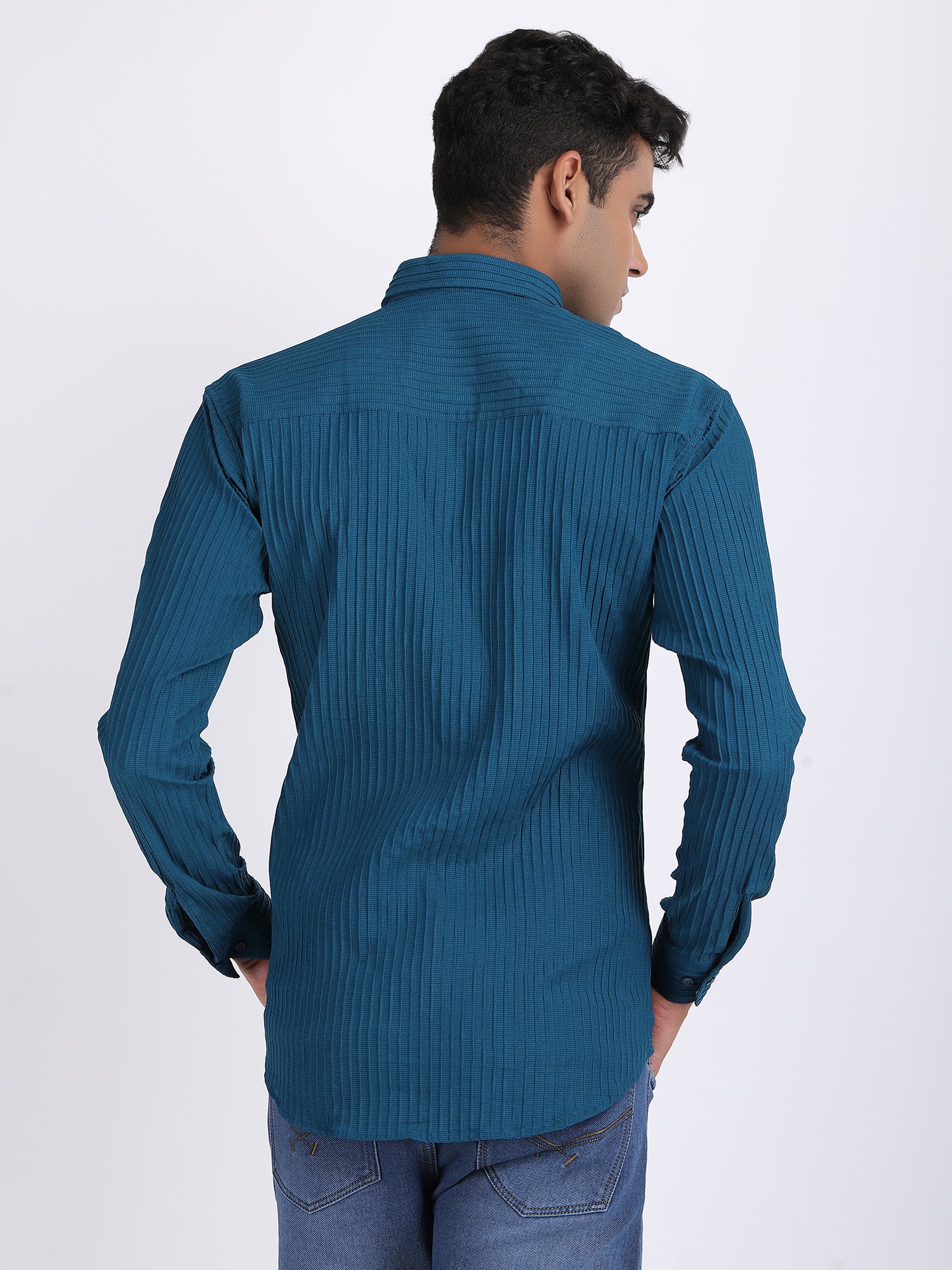 Dark Blue Popcorn Texture Full Sleeves Shirt