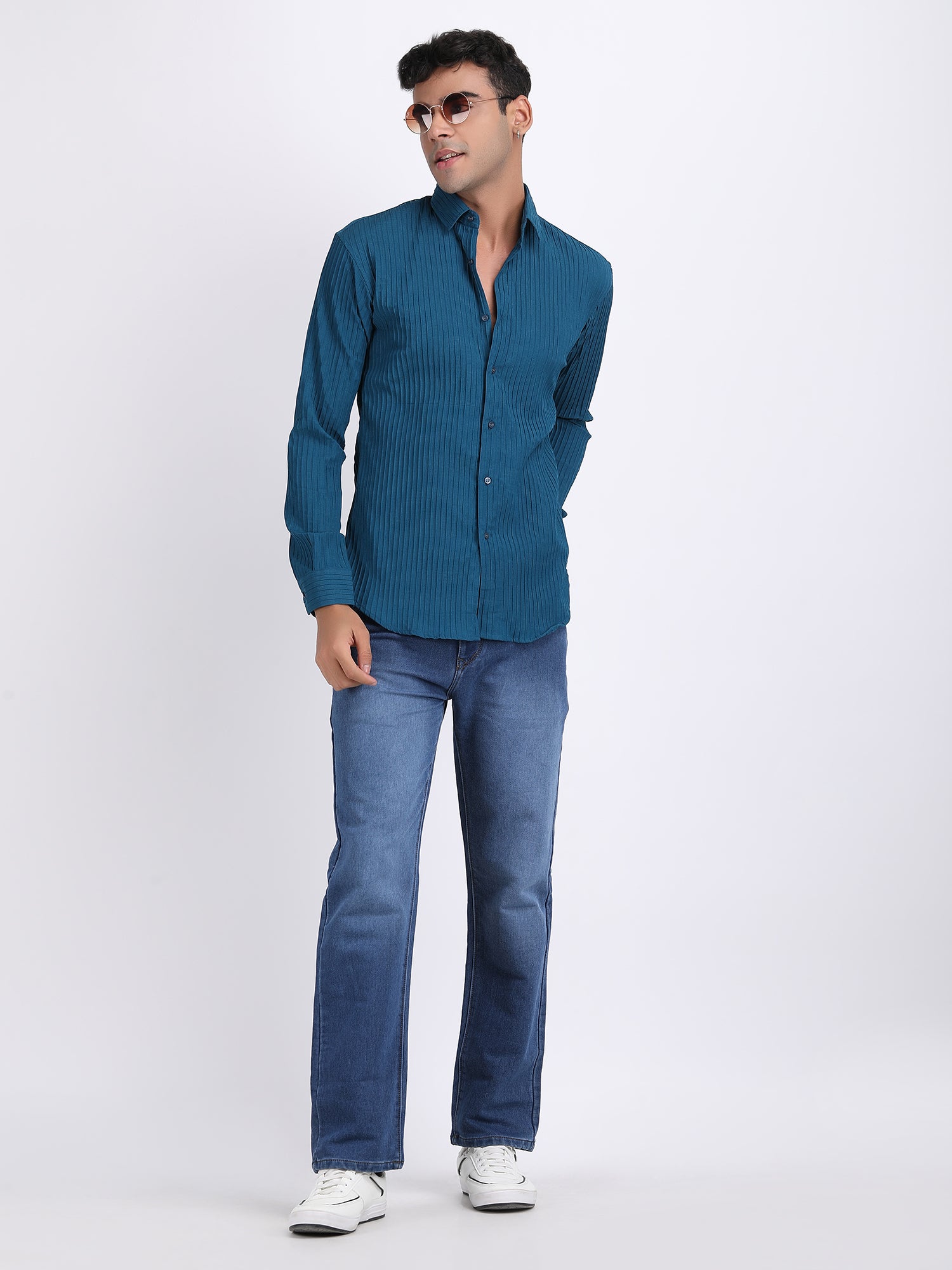 Dark Blue Popcorn Texture Full Sleeves Shirt