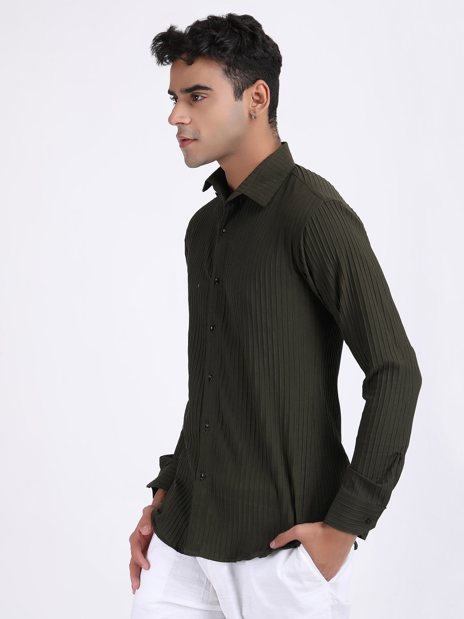 Mehendi Green Popcorn Texture Full Sleeves Shirt