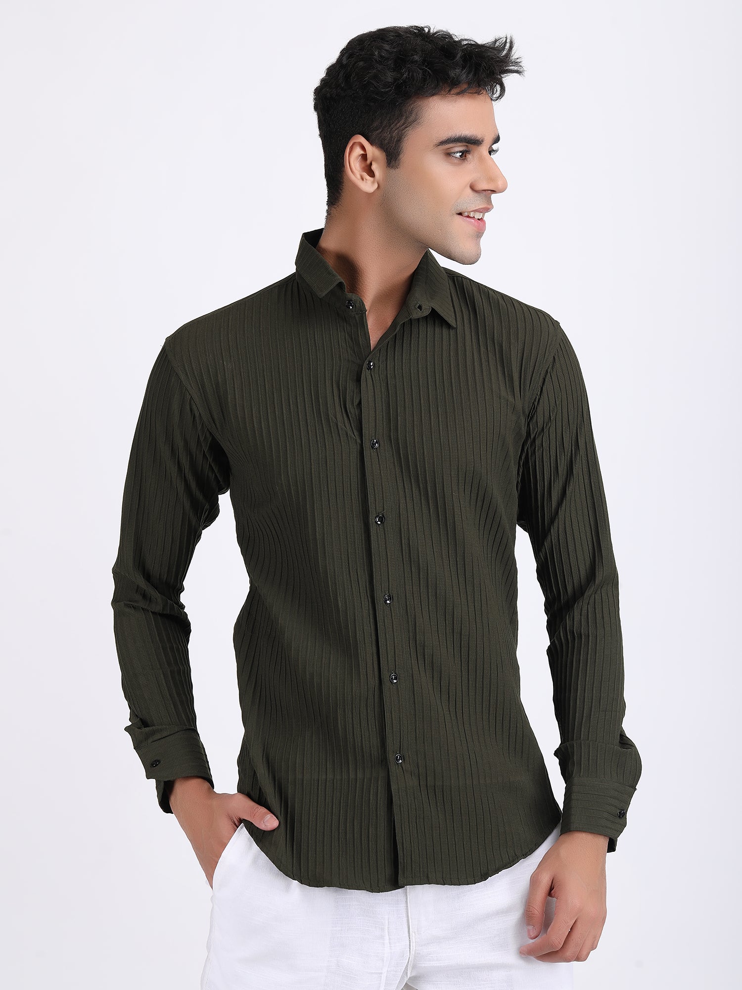 Mehendi Green Popcorn Texture Full Sleeves Shirt