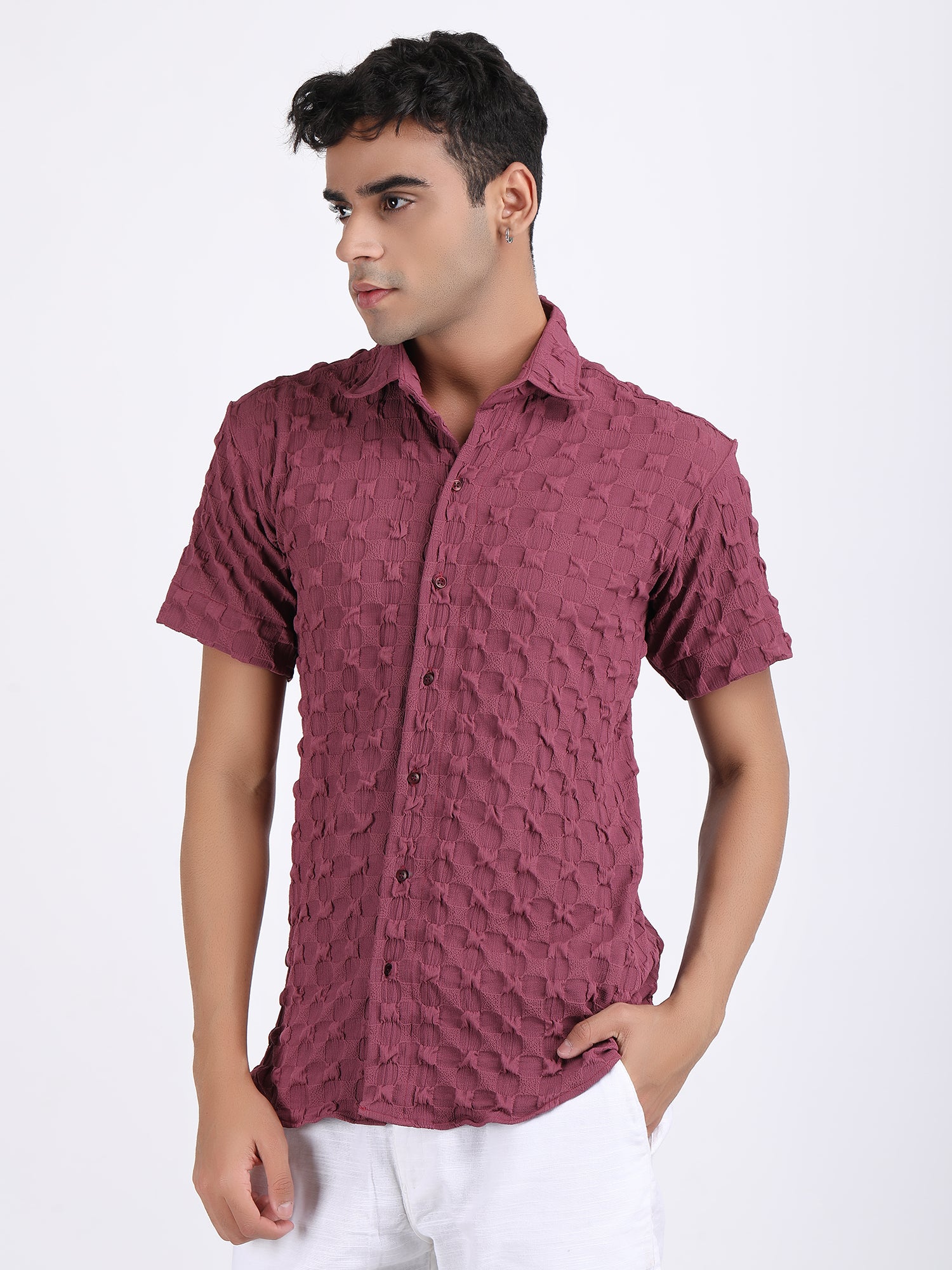 Light Maroon Popcorn Texture Half Sleeves Shirt