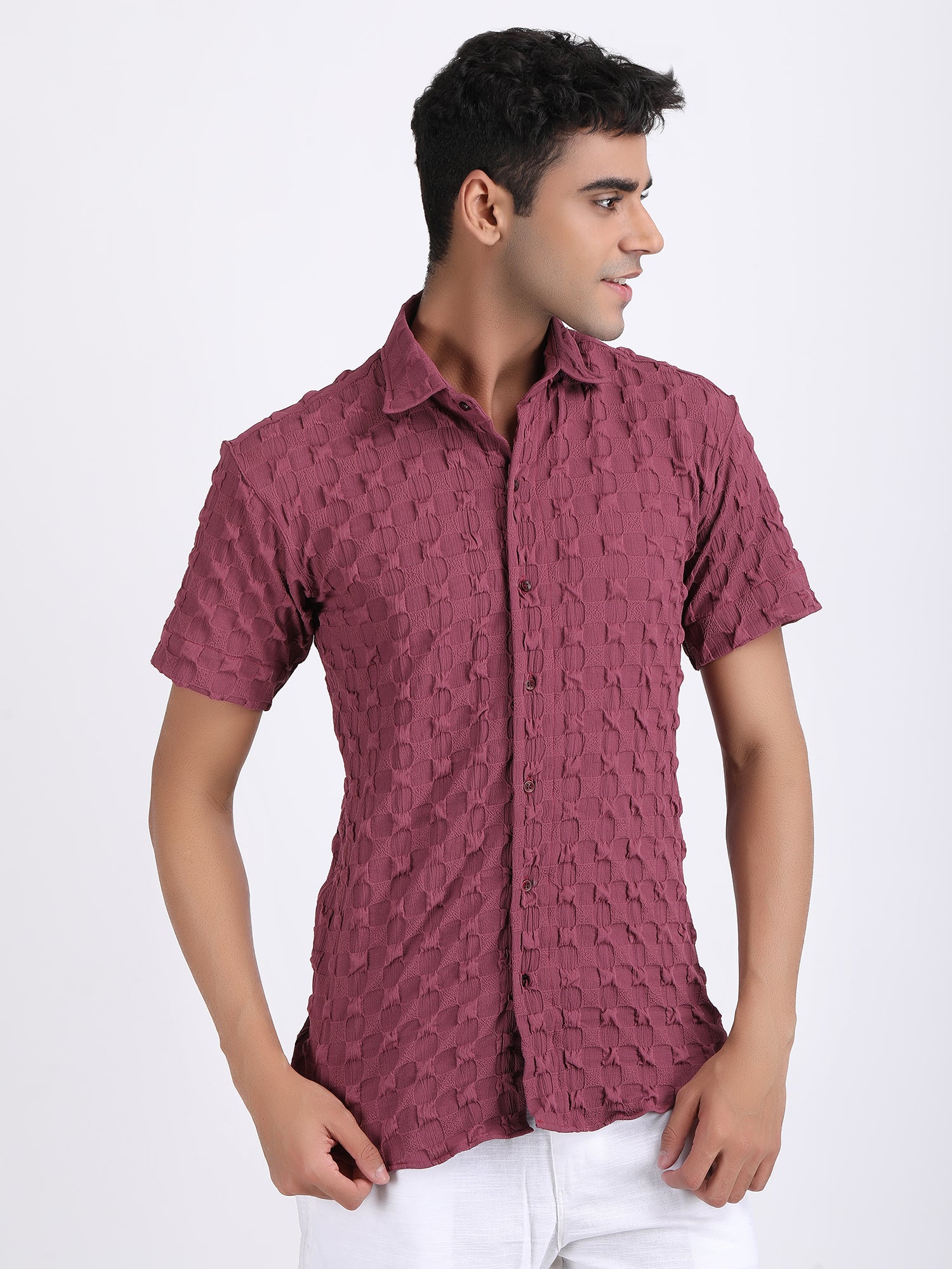 Light Maroon Popcorn Texture Half Sleeves Shirt