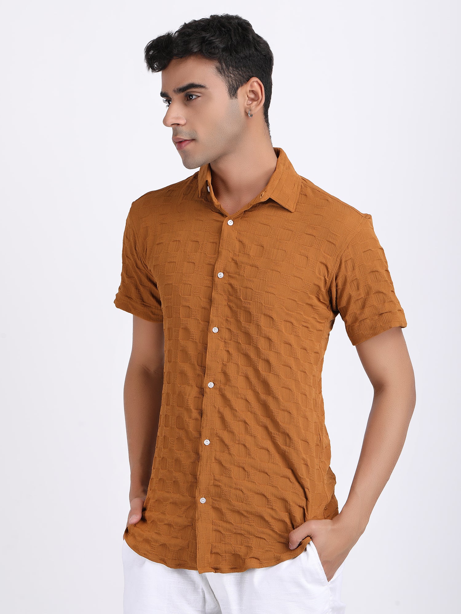 Light Brown Popcorn Texture Half Sleeves Shirt