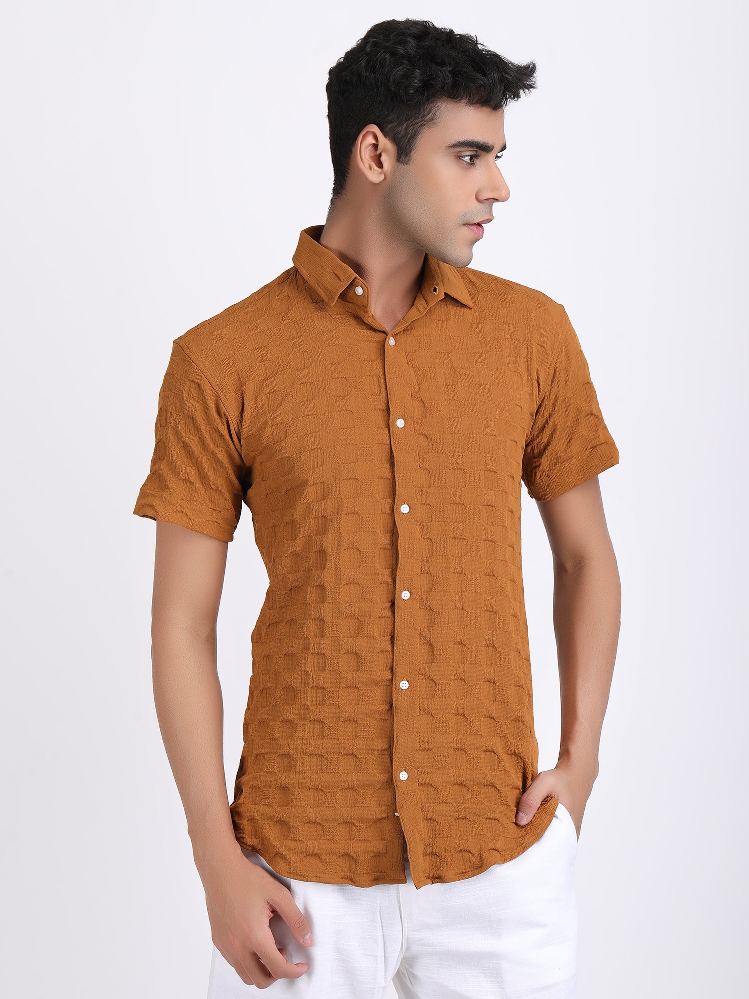 Light Brown Popcorn Texture Half Sleeves Shirt