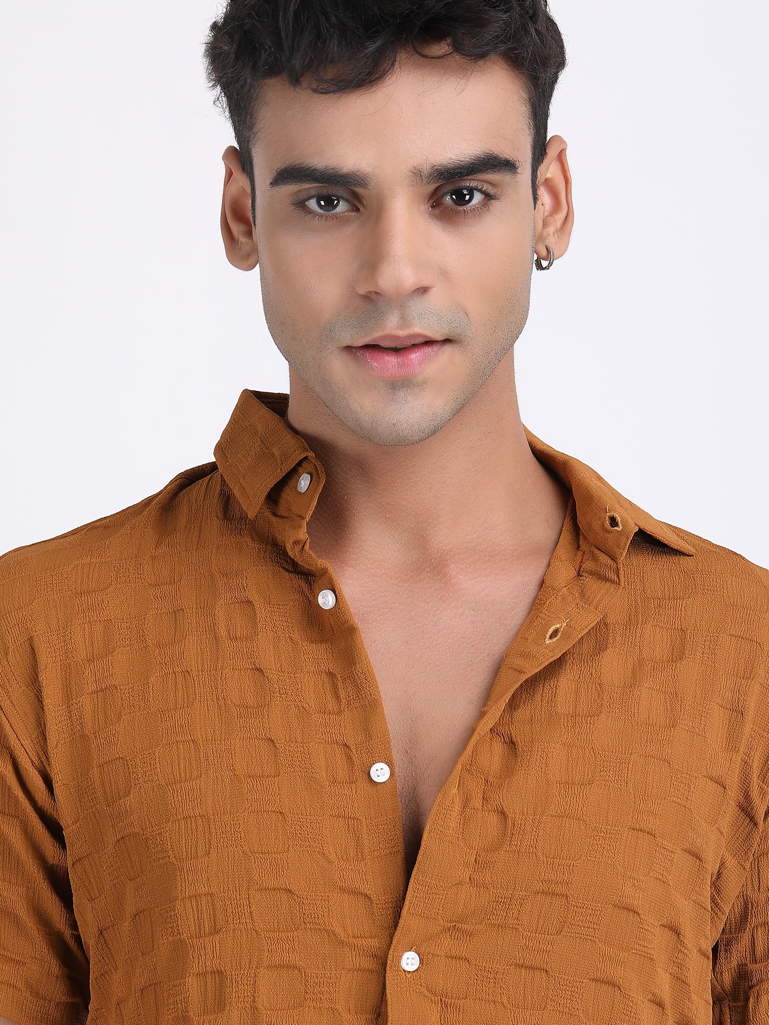 Light Brown Popcorn Texture Half Sleeves Shirt