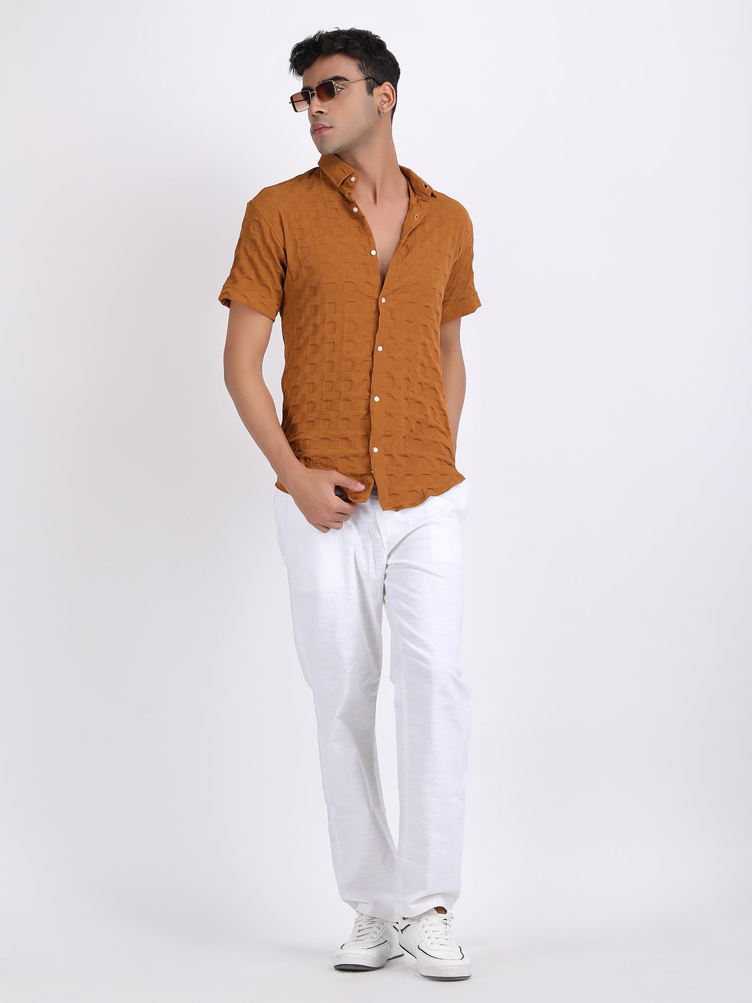 Light Brown Popcorn Texture Half Sleeves Shirt