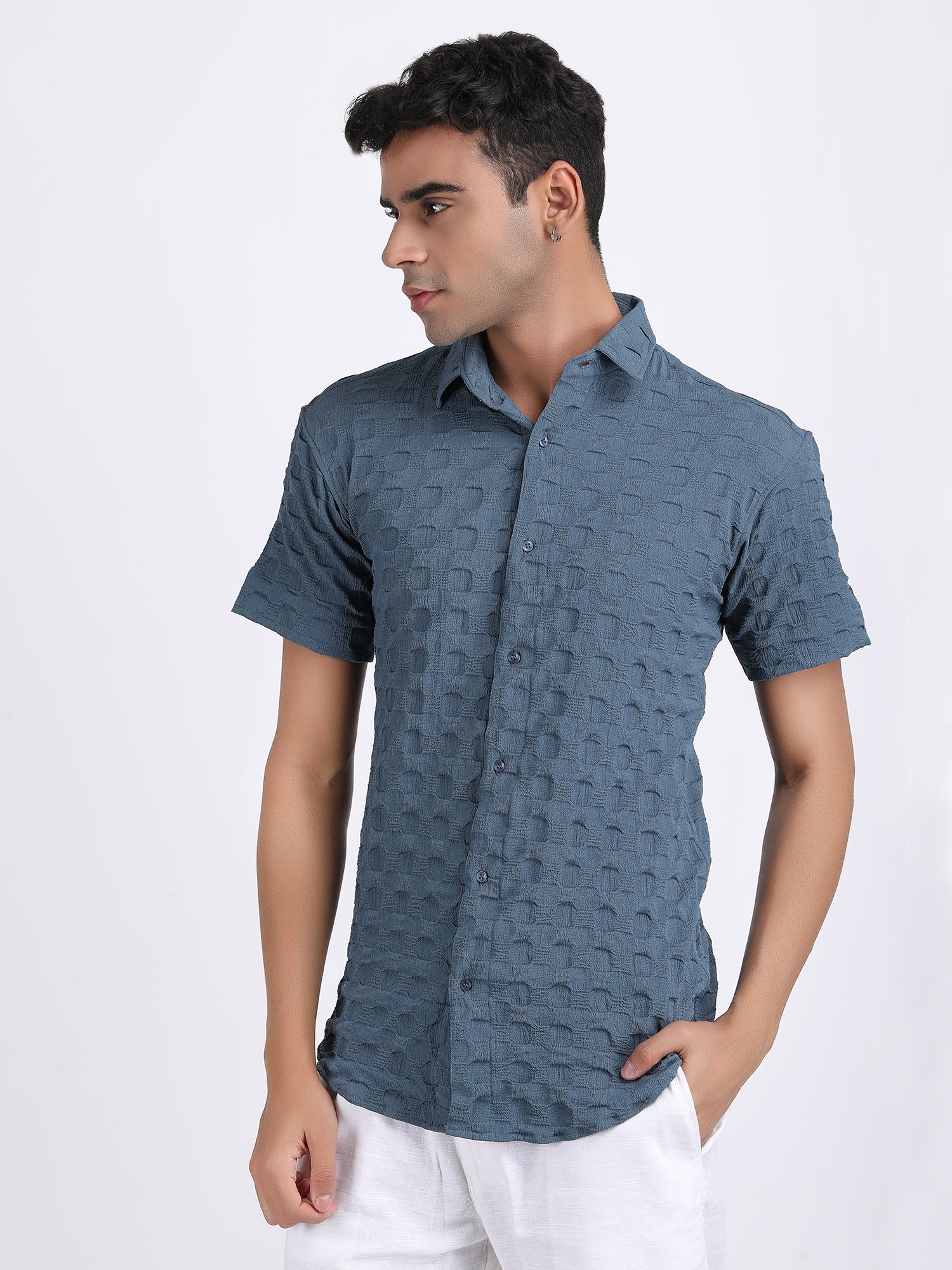 Dark Blue Popcorn Texture Half Sleeves Shirt