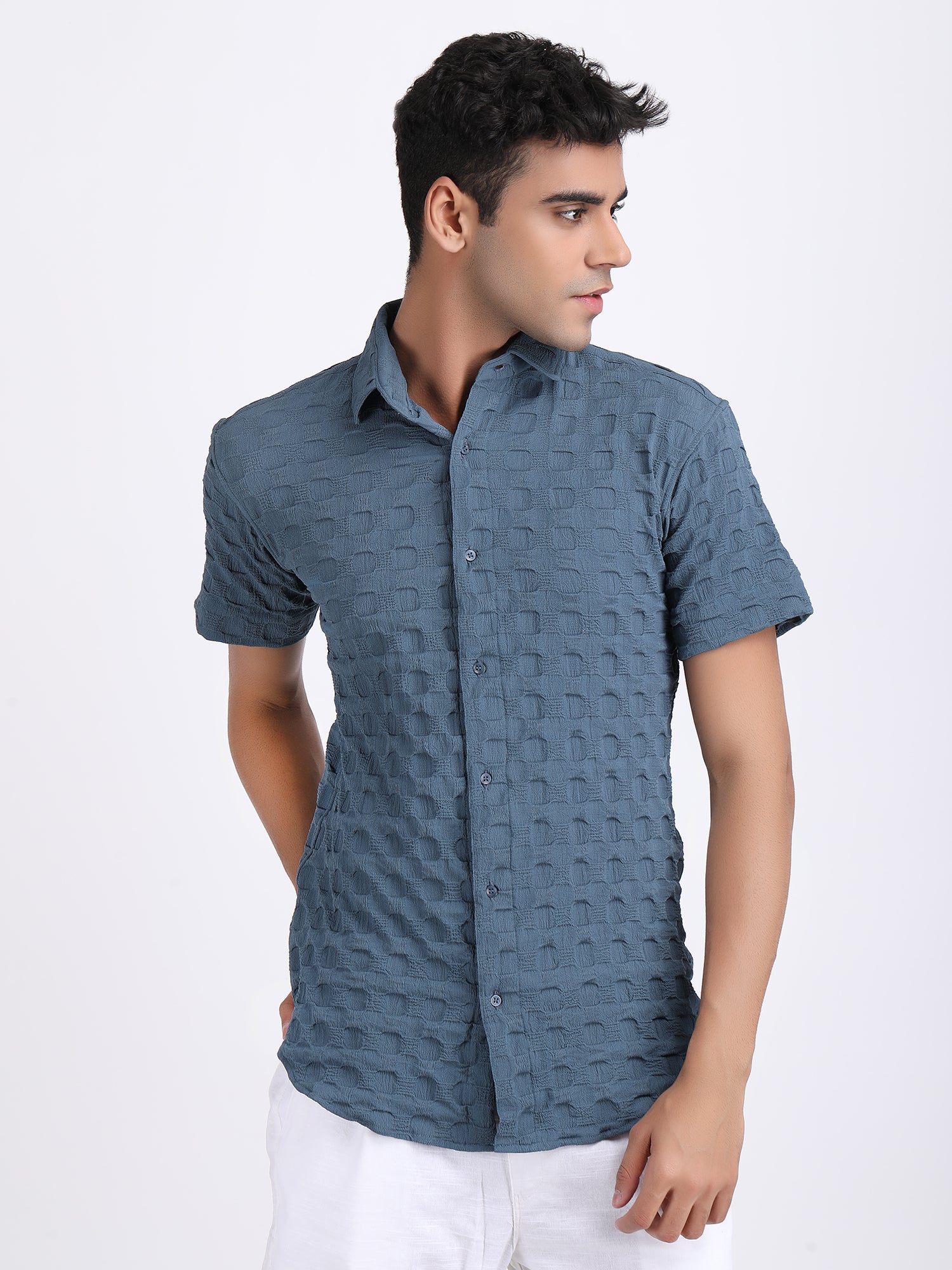 Dark Blue Popcorn Texture Half Sleeves Shirt