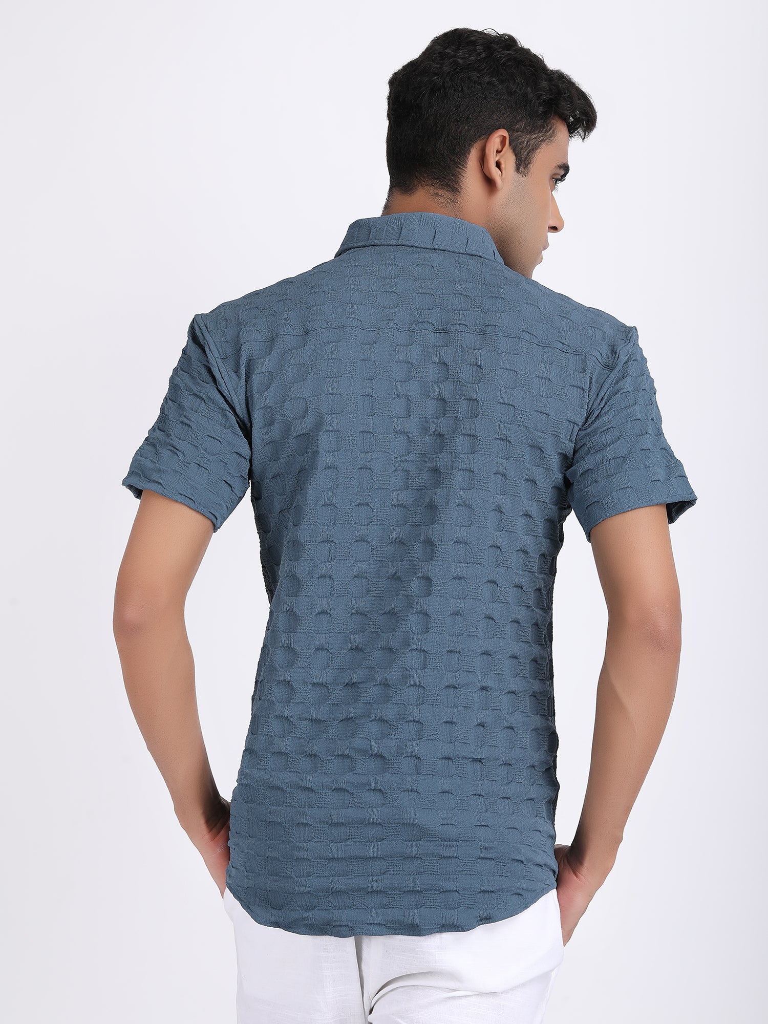 Dark Blue Popcorn Texture Half Sleeves Shirt