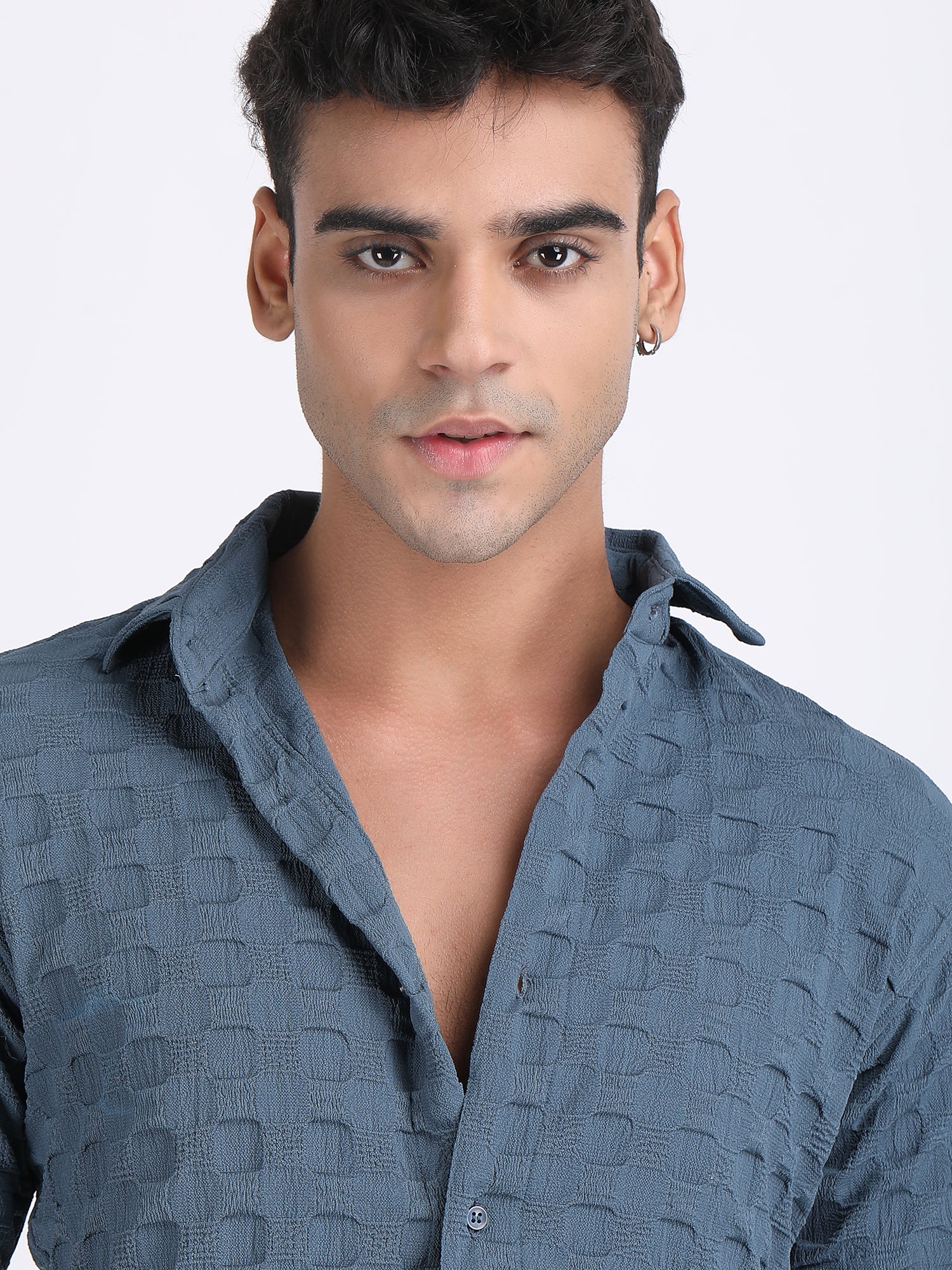 Dark Blue Popcorn Texture Half Sleeves Shirt