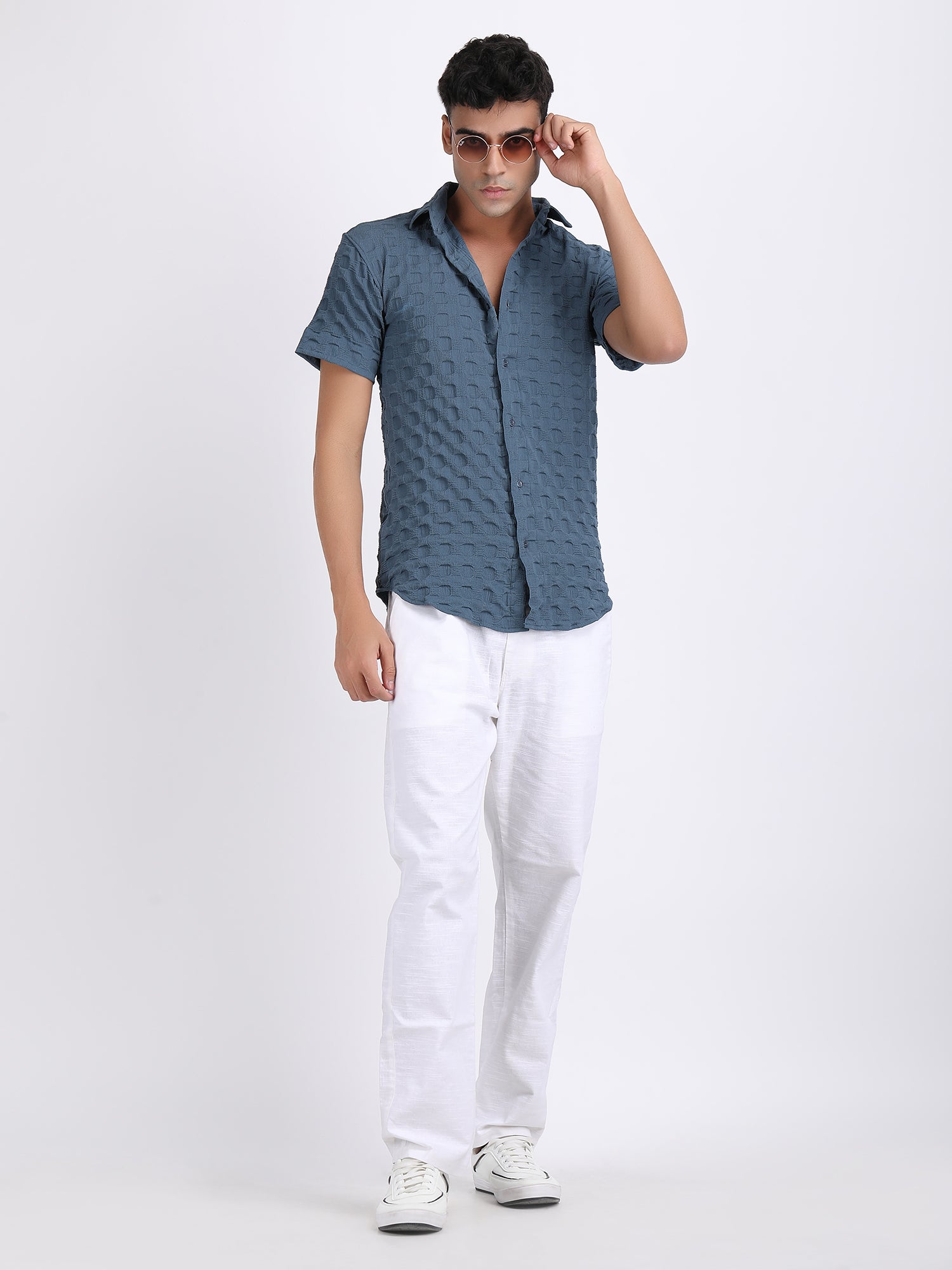 Dark Blue Popcorn Texture Half Sleeves Shirt