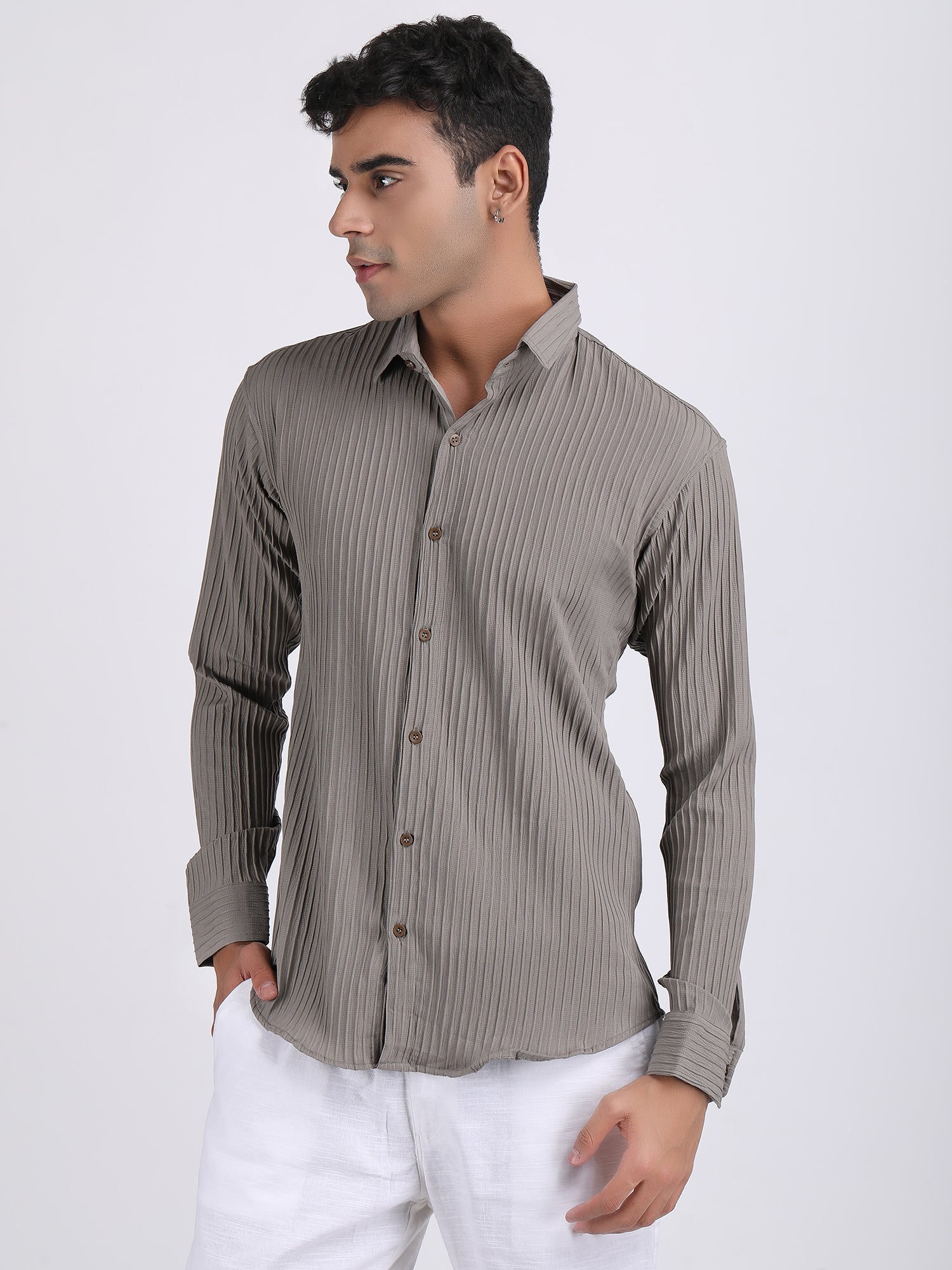 Cream Popcorn Texture Full Sleeves Shirt