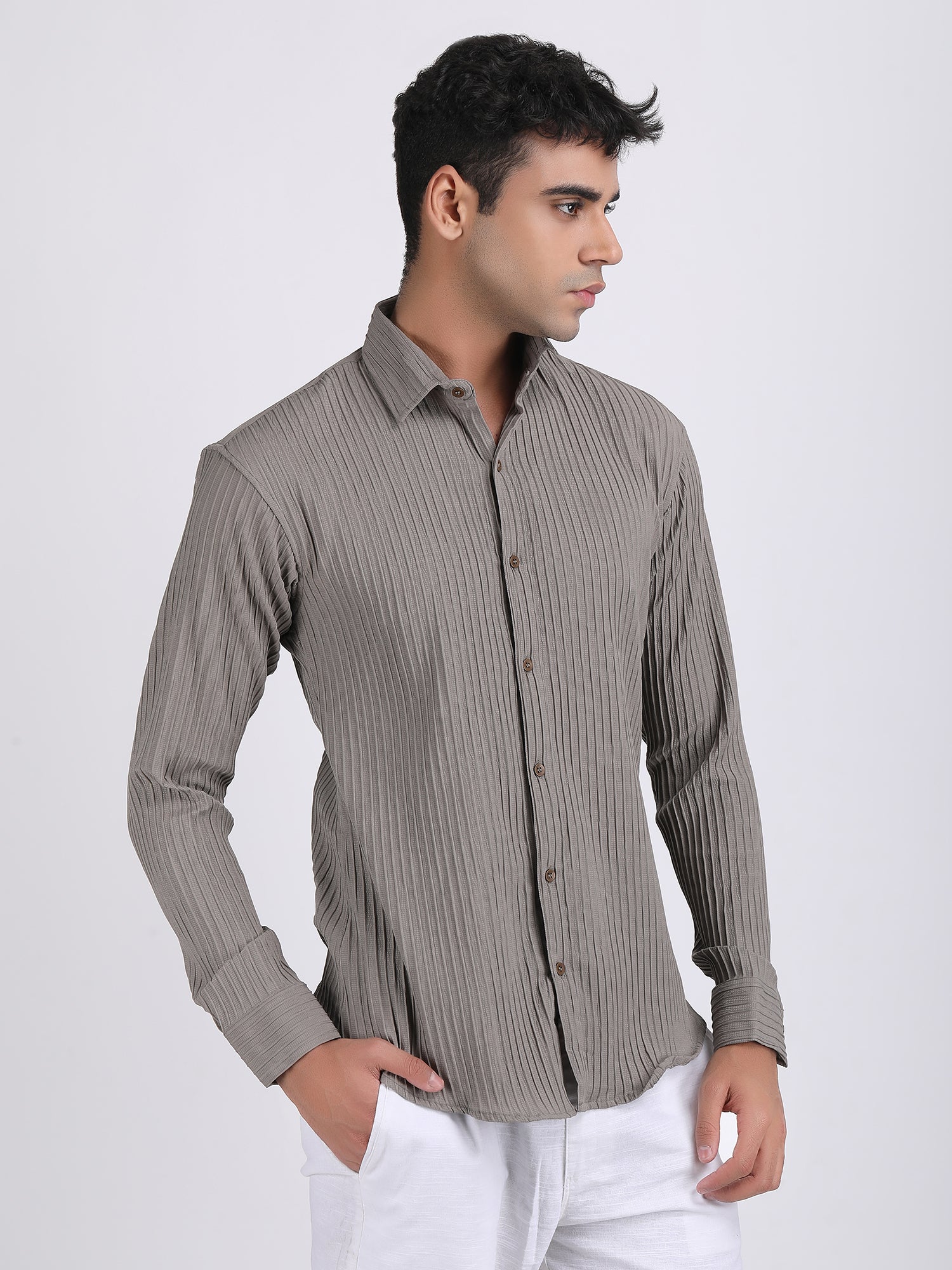 Cream Popcorn Texture Full Sleeves Shirt