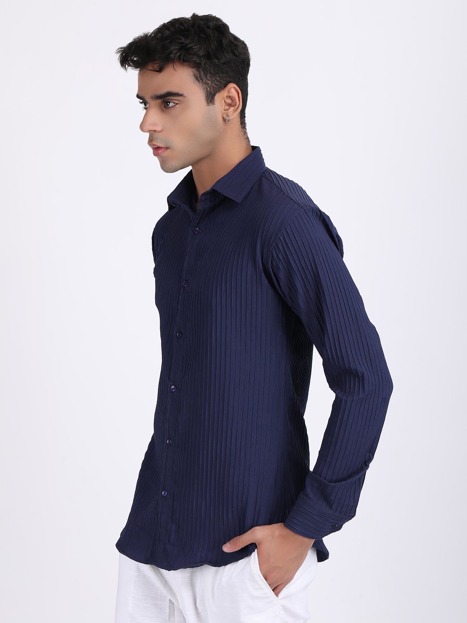 Navy Blue Popcorn Texture Full Sleeves Shirt