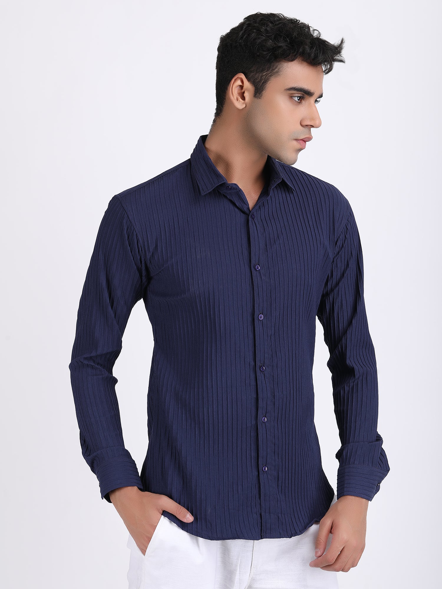 Navy Blue Popcorn Texture Full Sleeves Shirt