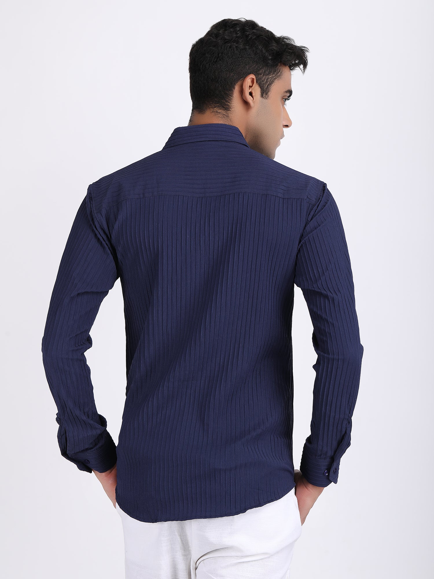 Navy Blue Popcorn Texture Full Sleeves Shirt