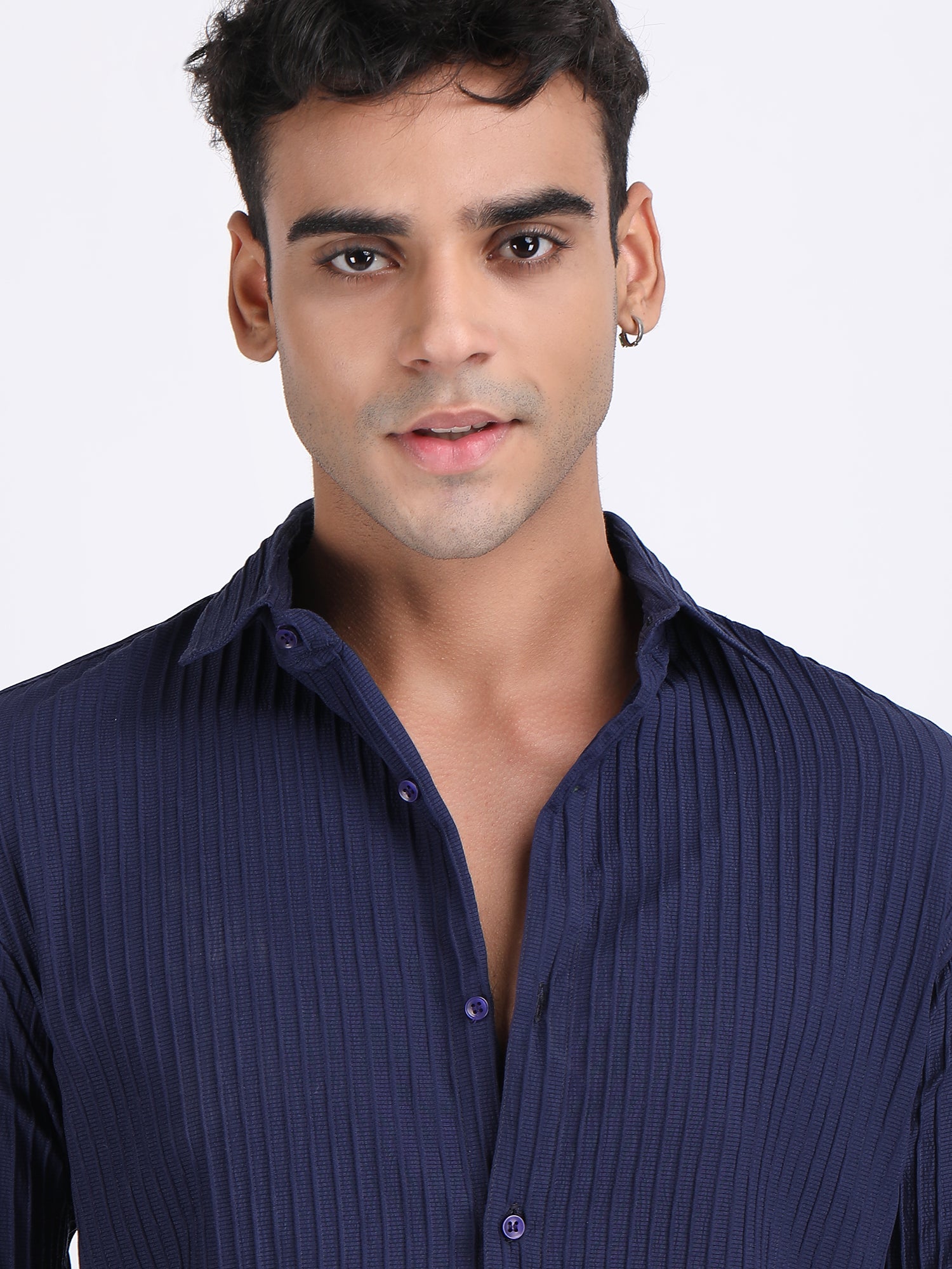 Navy Blue Popcorn Texture Full Sleeves Shirt
