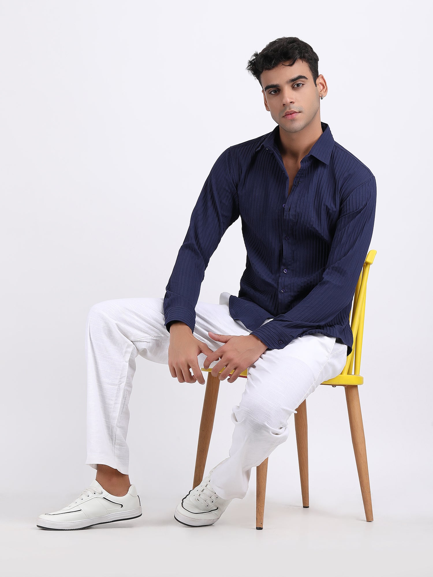 Navy Blue Popcorn Texture Full Sleeves Shirt
