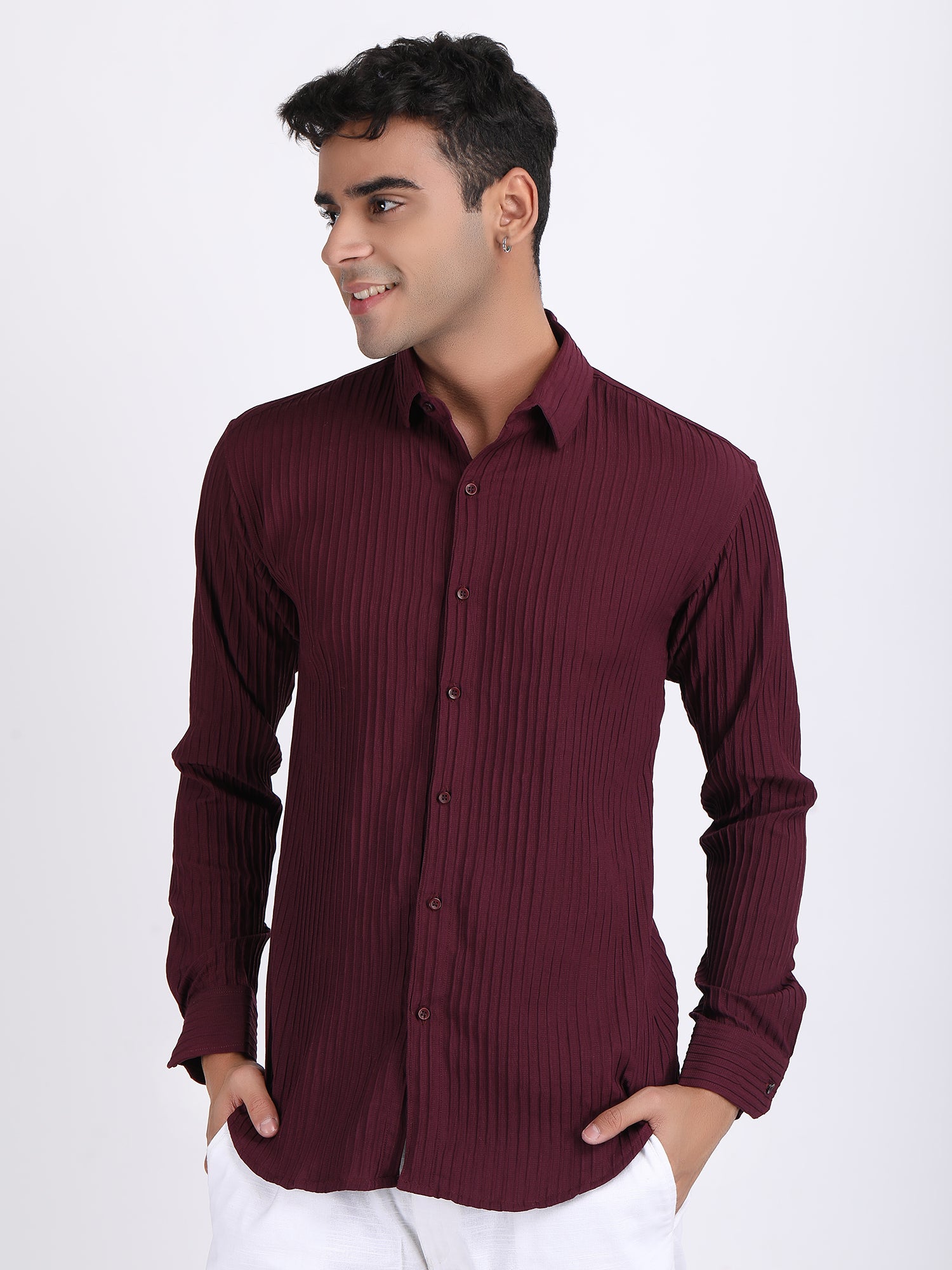 Dark Maroon Popcorn Texture Full Sleeves Shirt