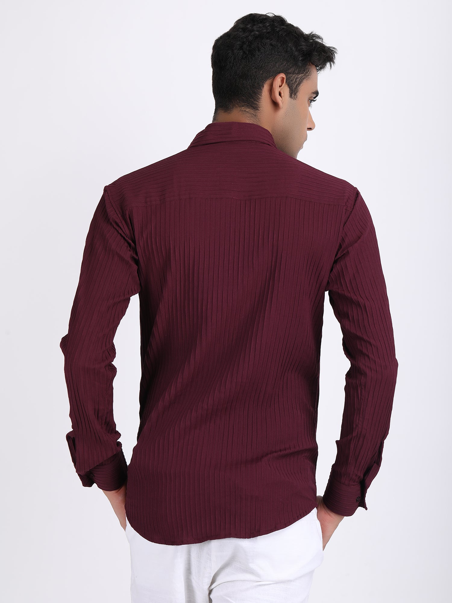 Dark Maroon Popcorn Texture Full Sleeves Shirt