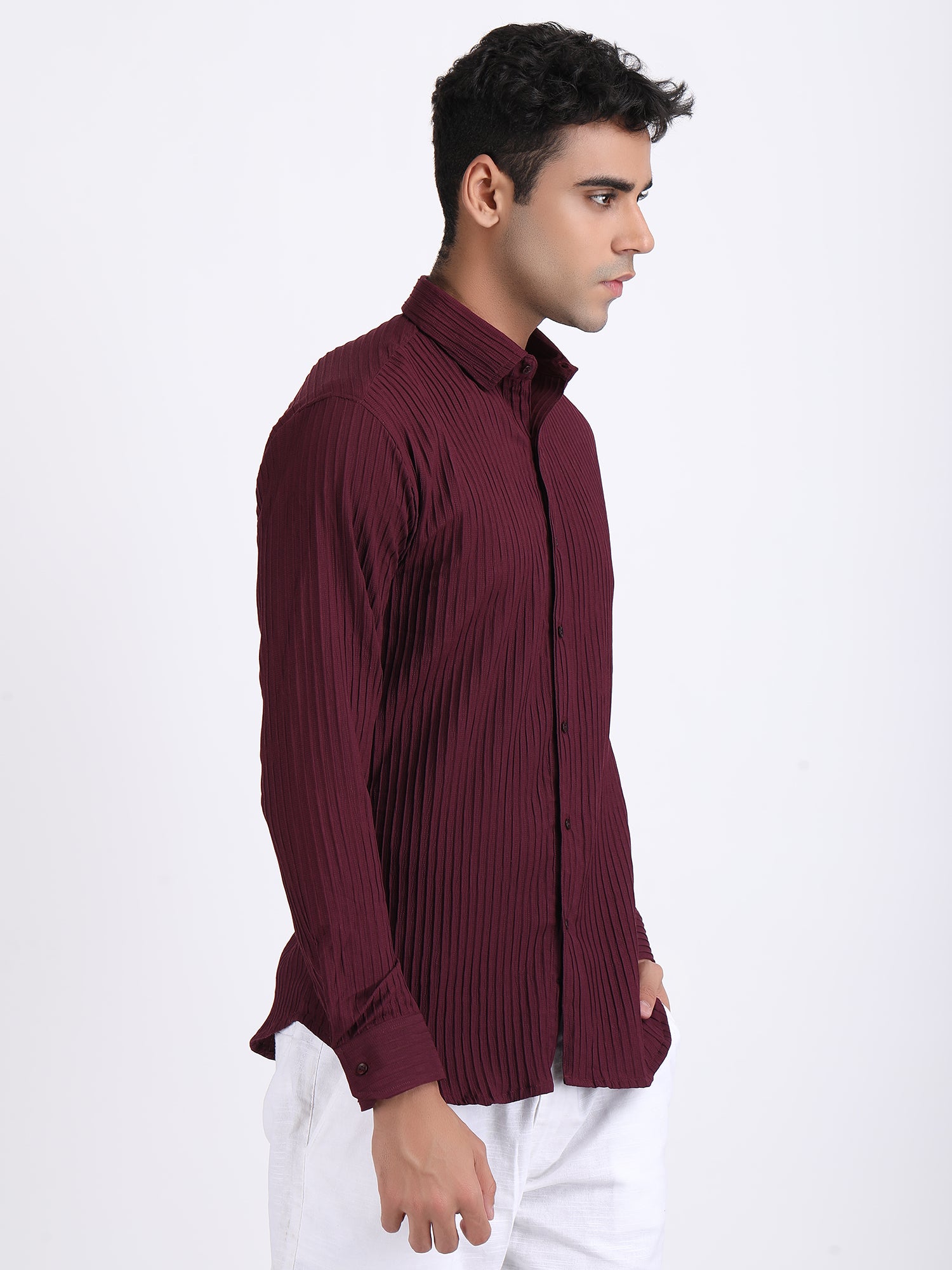 Dark Maroon Popcorn Texture Full Sleeves Shirt