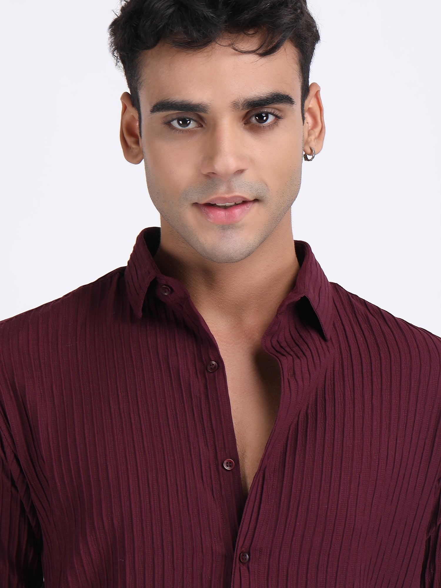 Dark Maroon Popcorn Texture Full Sleeves Shirt