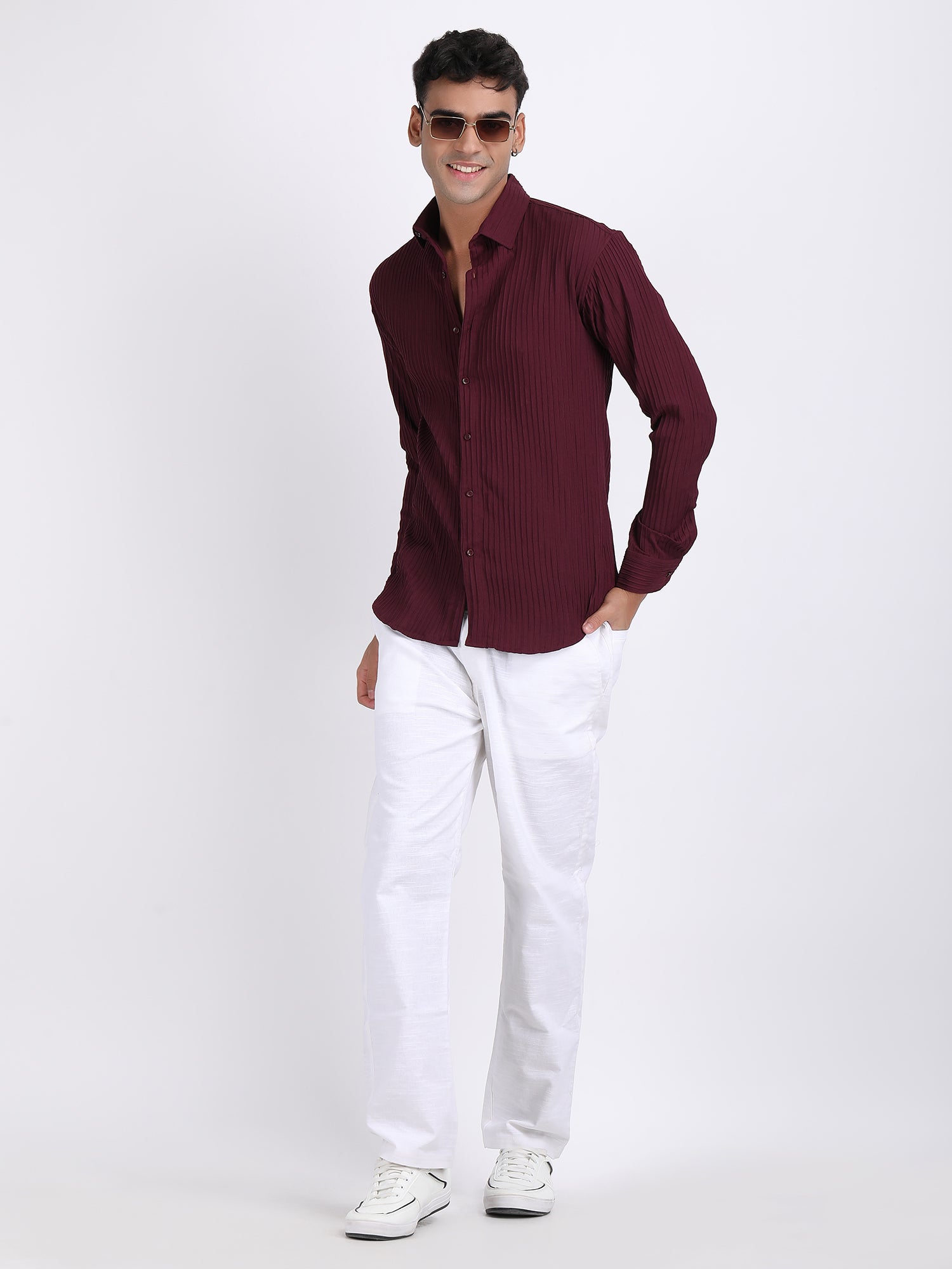 Dark Maroon Popcorn Texture Full Sleeves Shirt