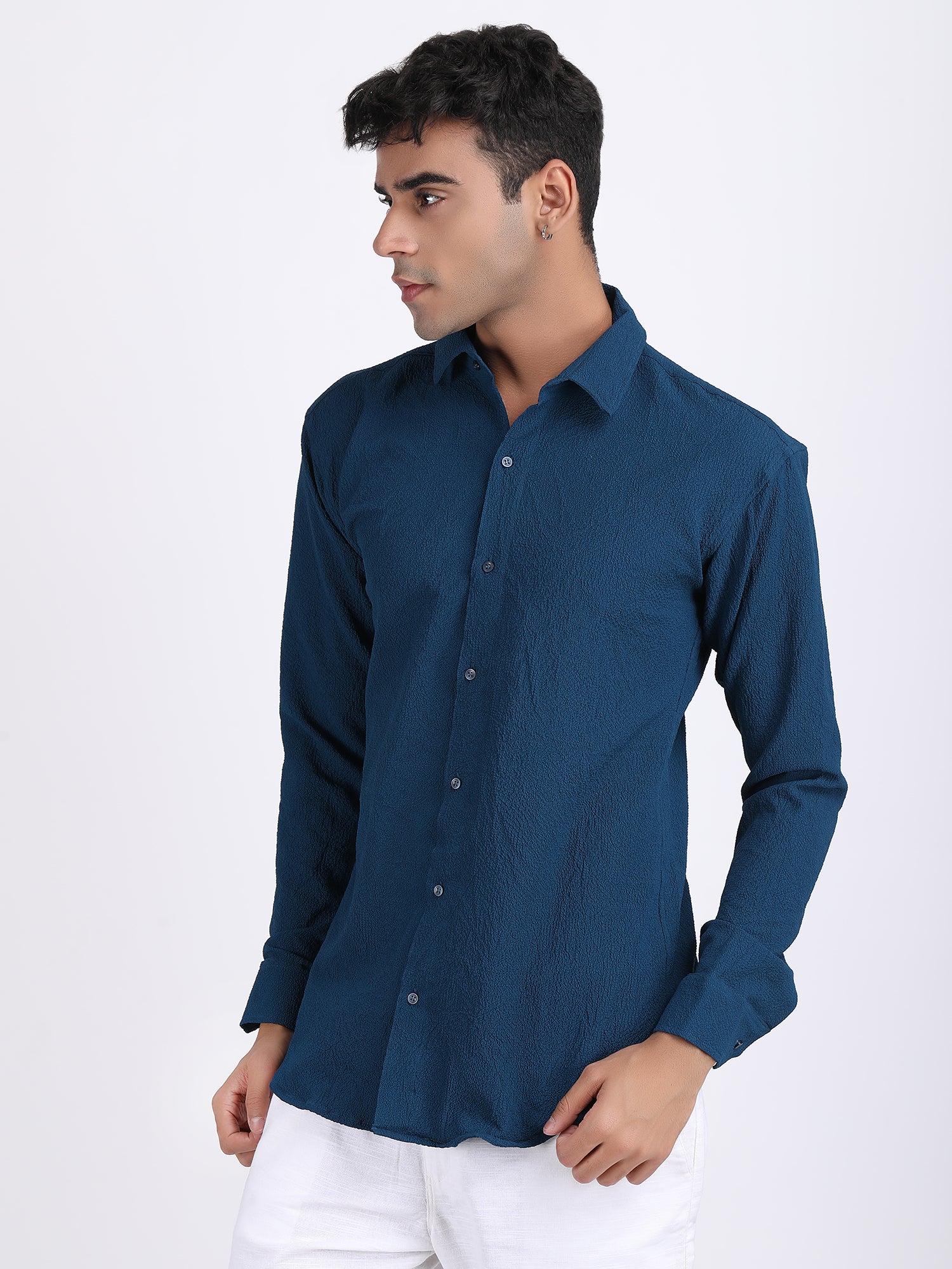 Dark Blue Popcorn Texture Full Sleeves Shirt