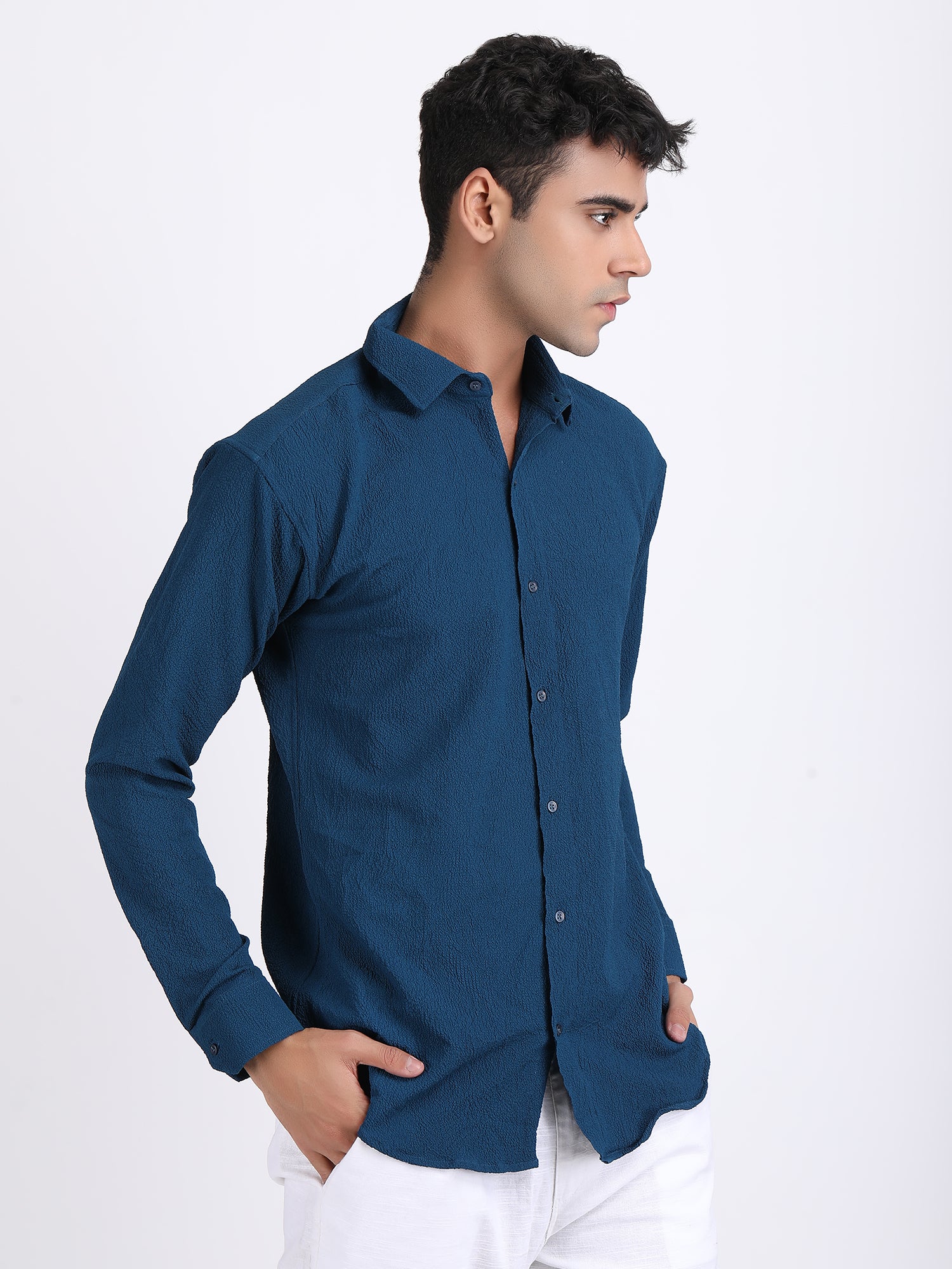 Dark Blue Popcorn Texture Full Sleeves Shirt