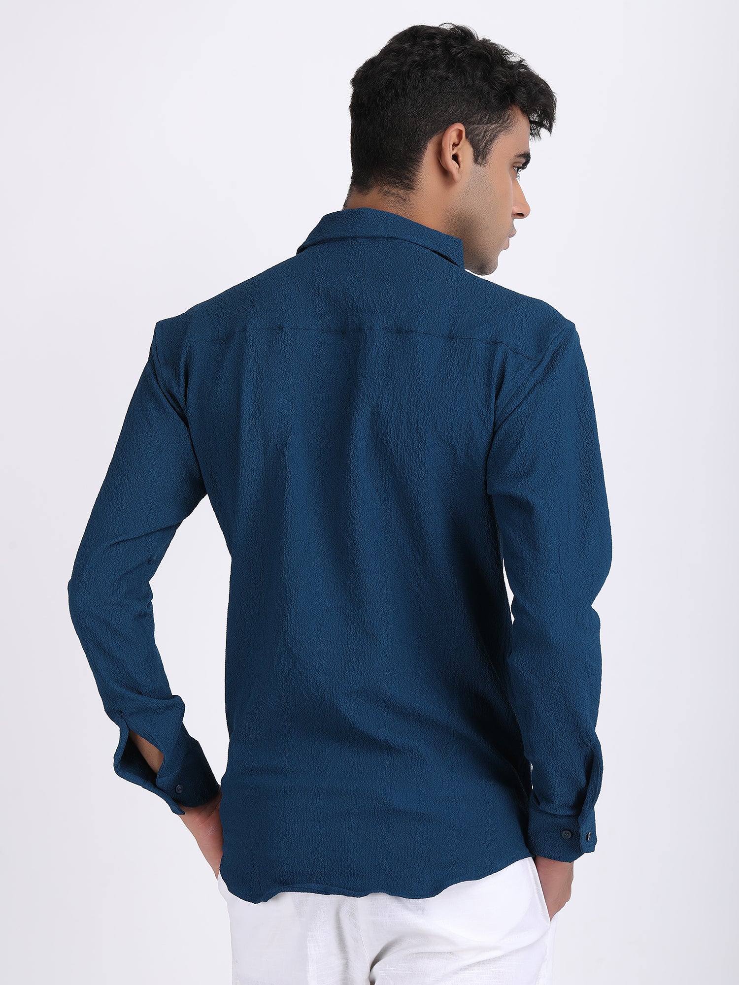 Dark Blue Popcorn Texture Full Sleeves Shirt