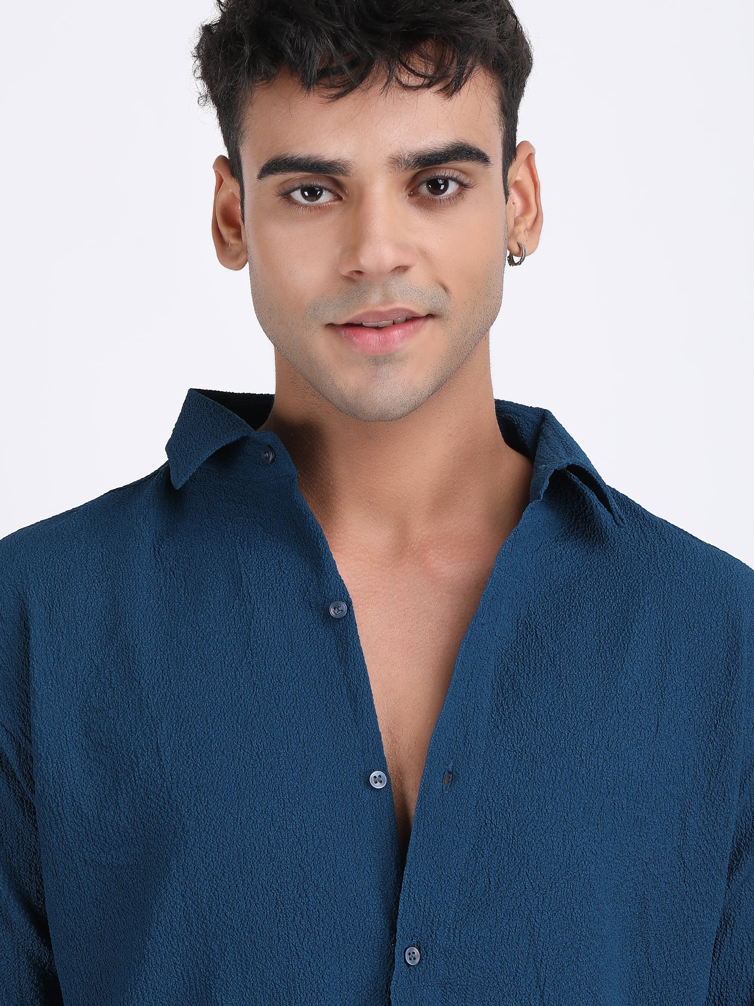 Dark Blue Popcorn Texture Full Sleeves Shirt