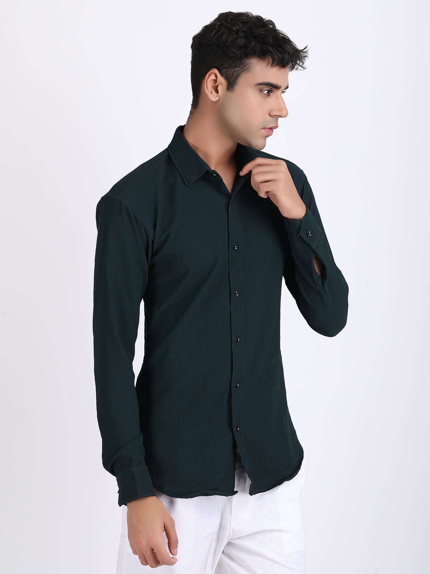 Green Popcorn Texture Full Sleeves Shirt