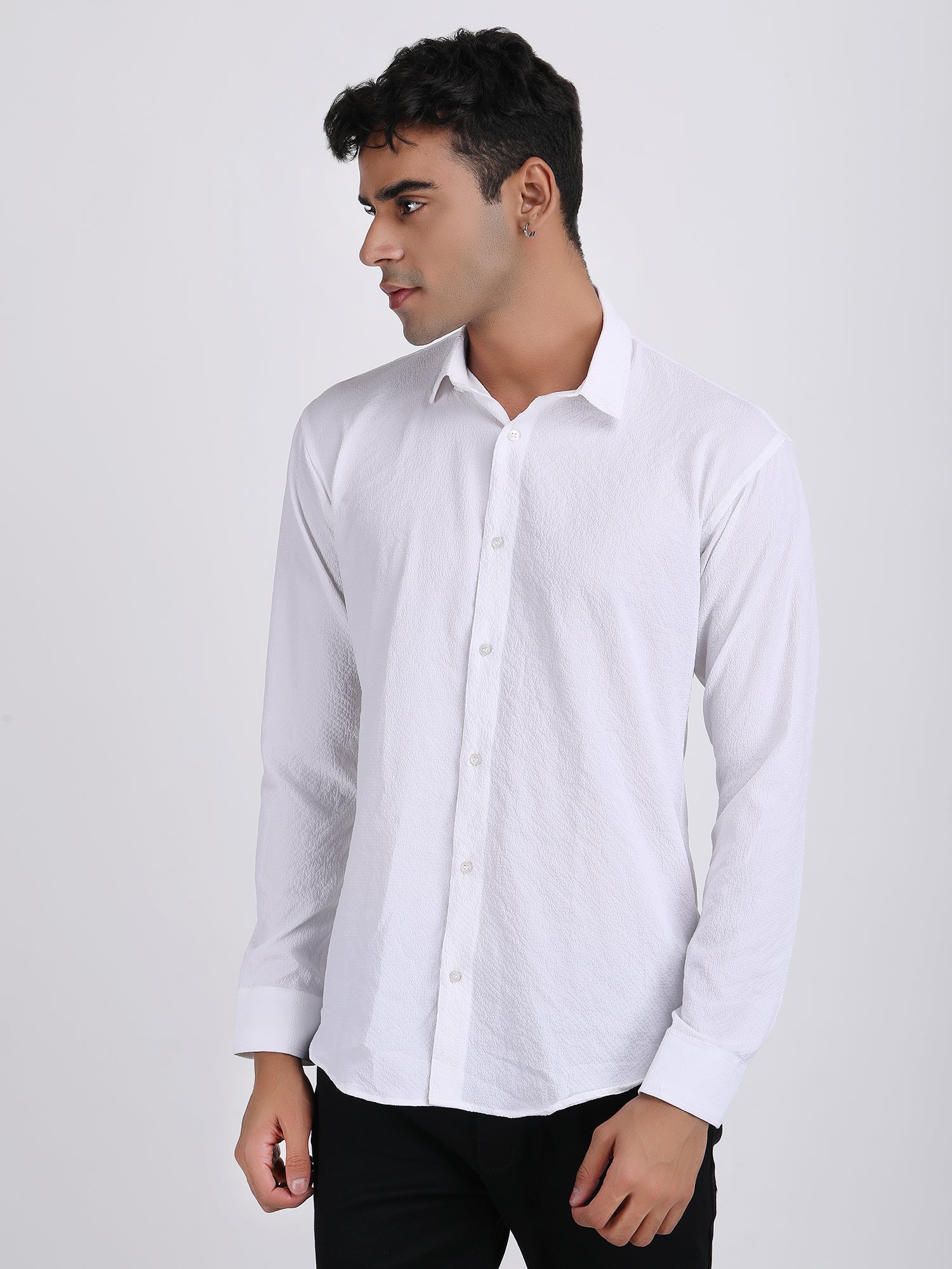 White Popcorn Texture Full Sleeves Shirt